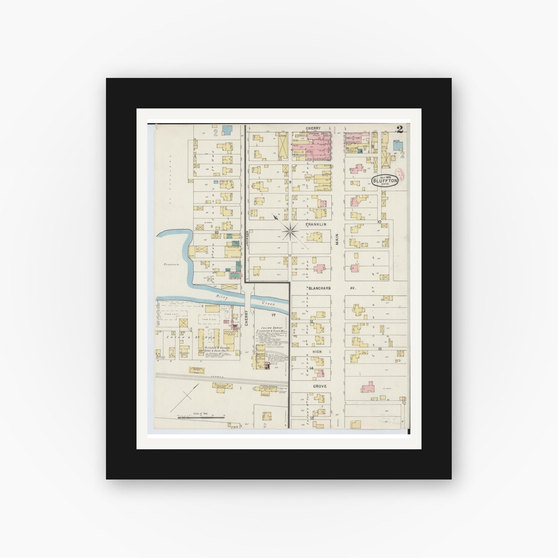 Old map wall art mockup — black gallery frame with white mat — Sanborn Fire Insurance Map from Bluffton, Allen County, Ohio (1895), Sheet #0002