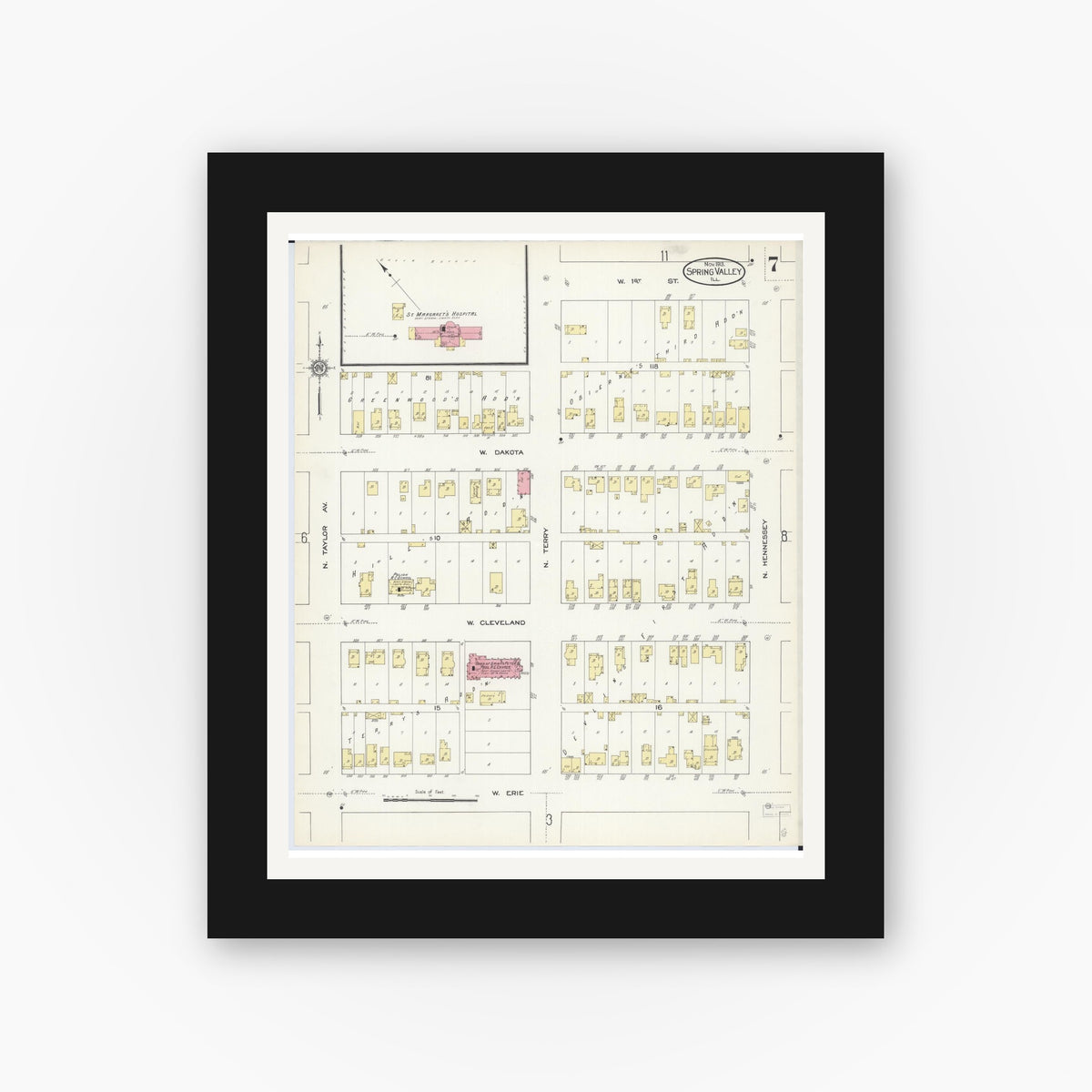 Old map wall art mockup — black gallery frame with white mat — Sanborn Fire Insurance Map from Spring Valley, Bureau County, Illinois (1913), Sheet #0007