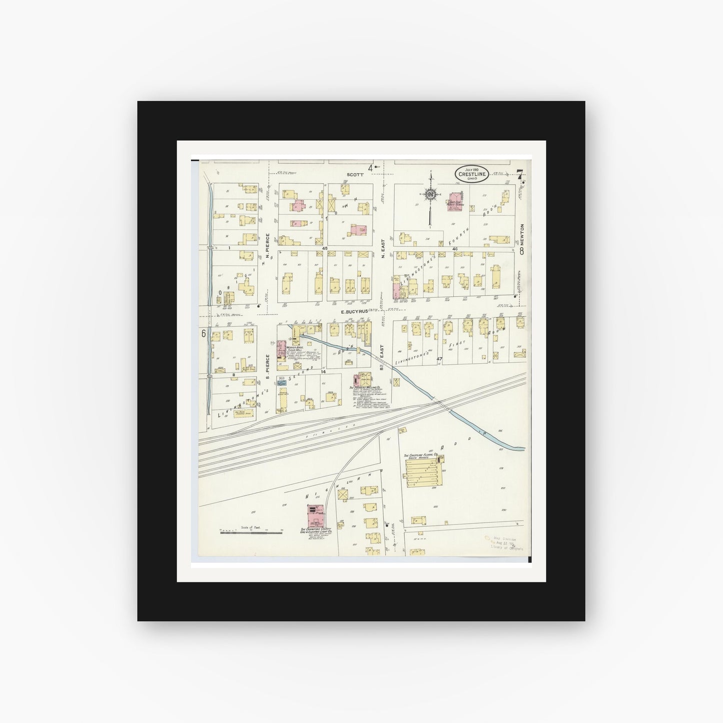 Old map wall art mockup — black gallery frame with white mat — Sanborn Fire Insurance Map from Crestline, Crawford County, Ohio (1910), Sheet #0007
