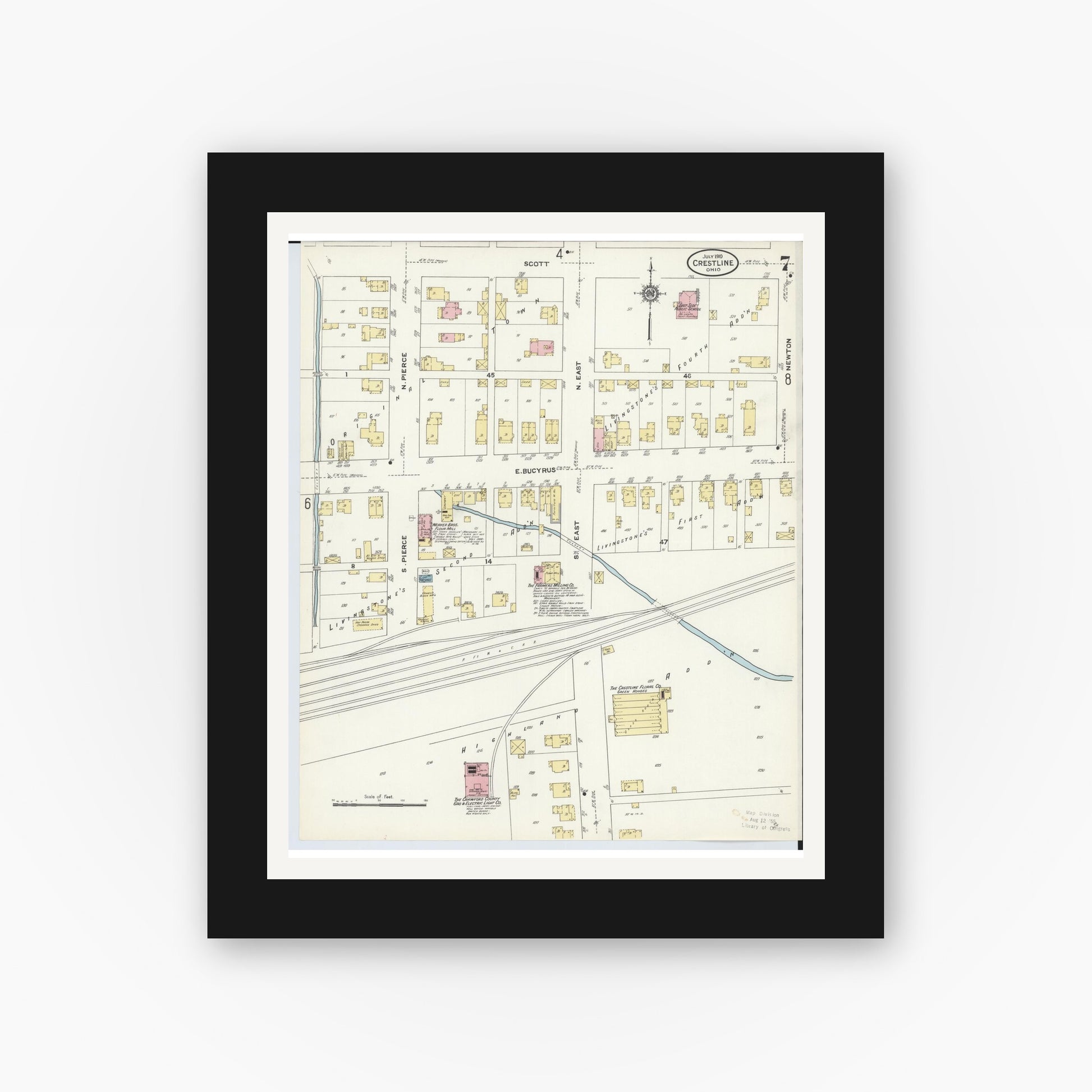 Old map wall art mockup — black gallery frame with white mat — Sanborn Fire Insurance Map from Crestline, Crawford County, Ohio (1910), Sheet #0007