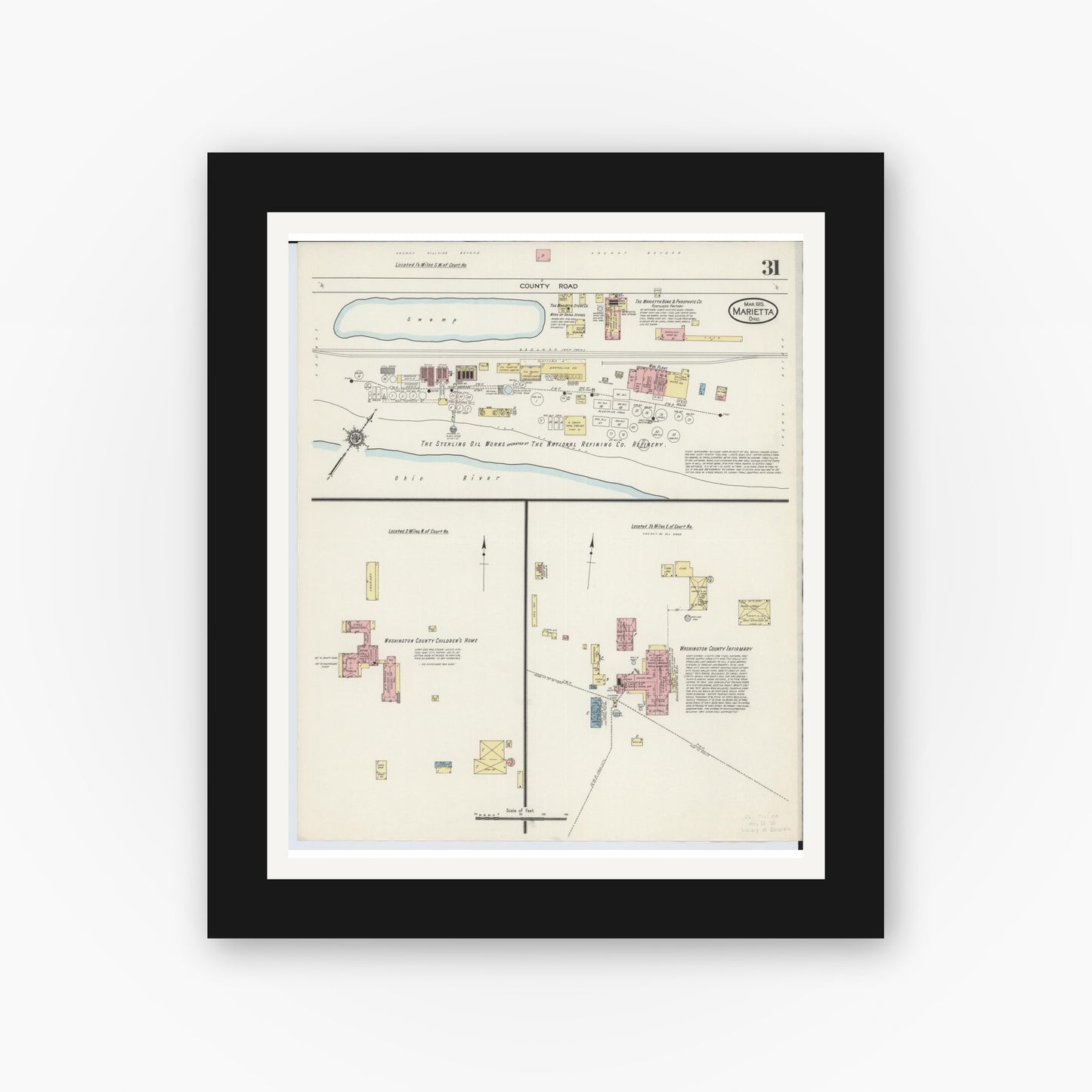 Old map wall art mockup — black gallery frame with white mat — Sanborn Fire Insurance Map from Marietta, Washington County, Ohio (1915), Sheet #0031