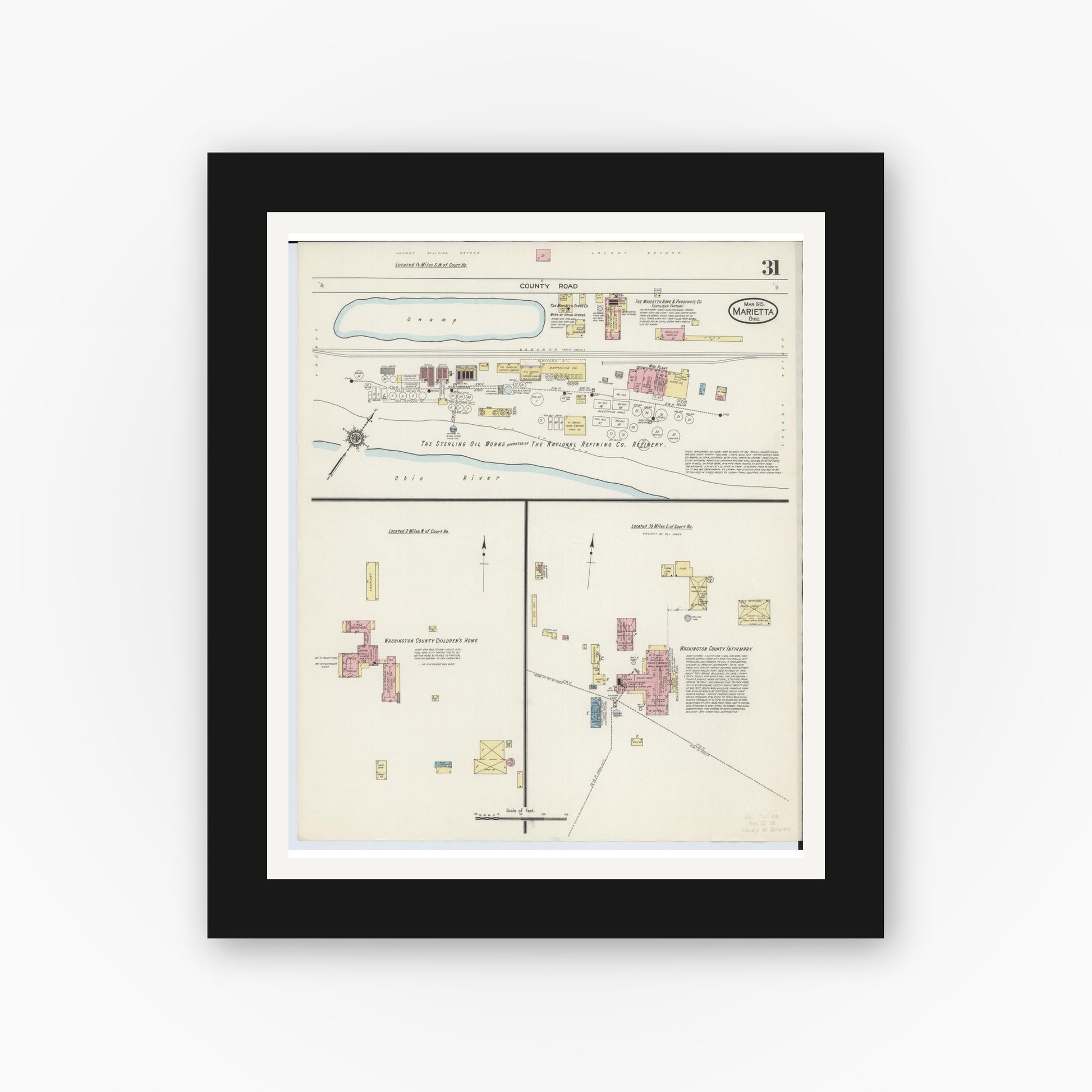 Old map wall art mockup — black gallery frame with white mat — Sanborn Fire Insurance Map from Marietta, Washington County, Ohio (1915), Sheet #0031