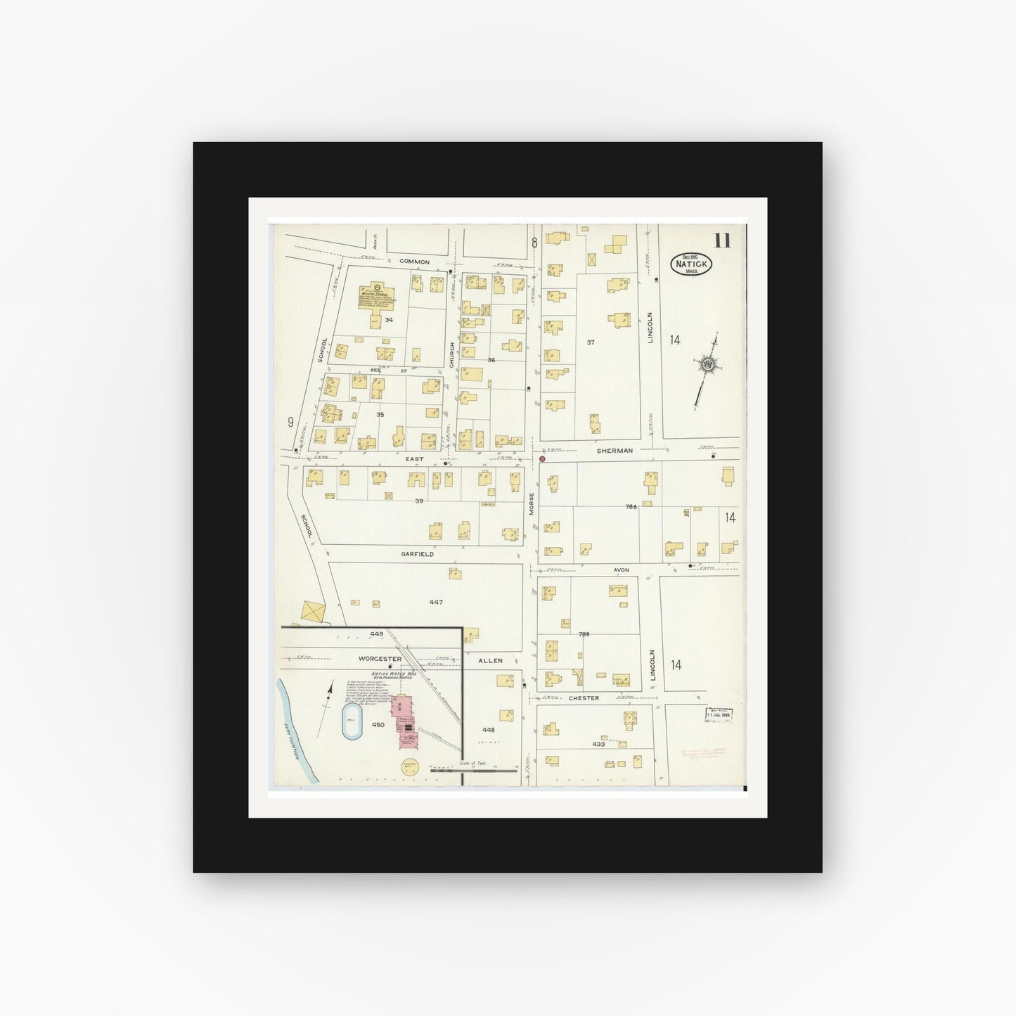 Old map wall art mockup — black gallery frame with white mat — Sanborn Fire Insurance Map from Natick, Middlesex County, Massachusetts (1915), Sheet #0011