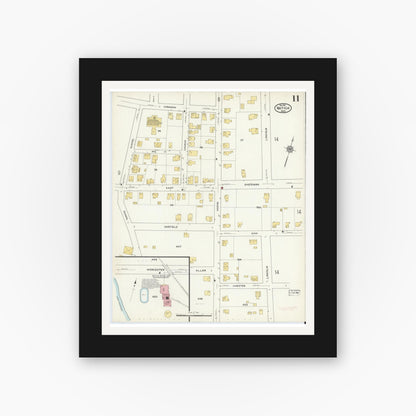 Old map wall art mockup — black gallery frame with white mat — Sanborn Fire Insurance Map from Natick, Middlesex County, Massachusetts (1915), Sheet #0011
