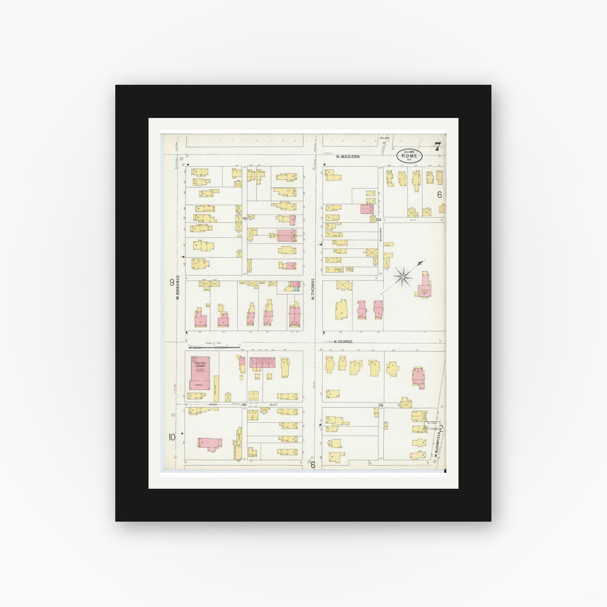 Old map wall art mockup — black gallery frame with white mat — Sanborn Fire Insurance Map from Rome, Oneida County, New York (1899), Sheet #0007