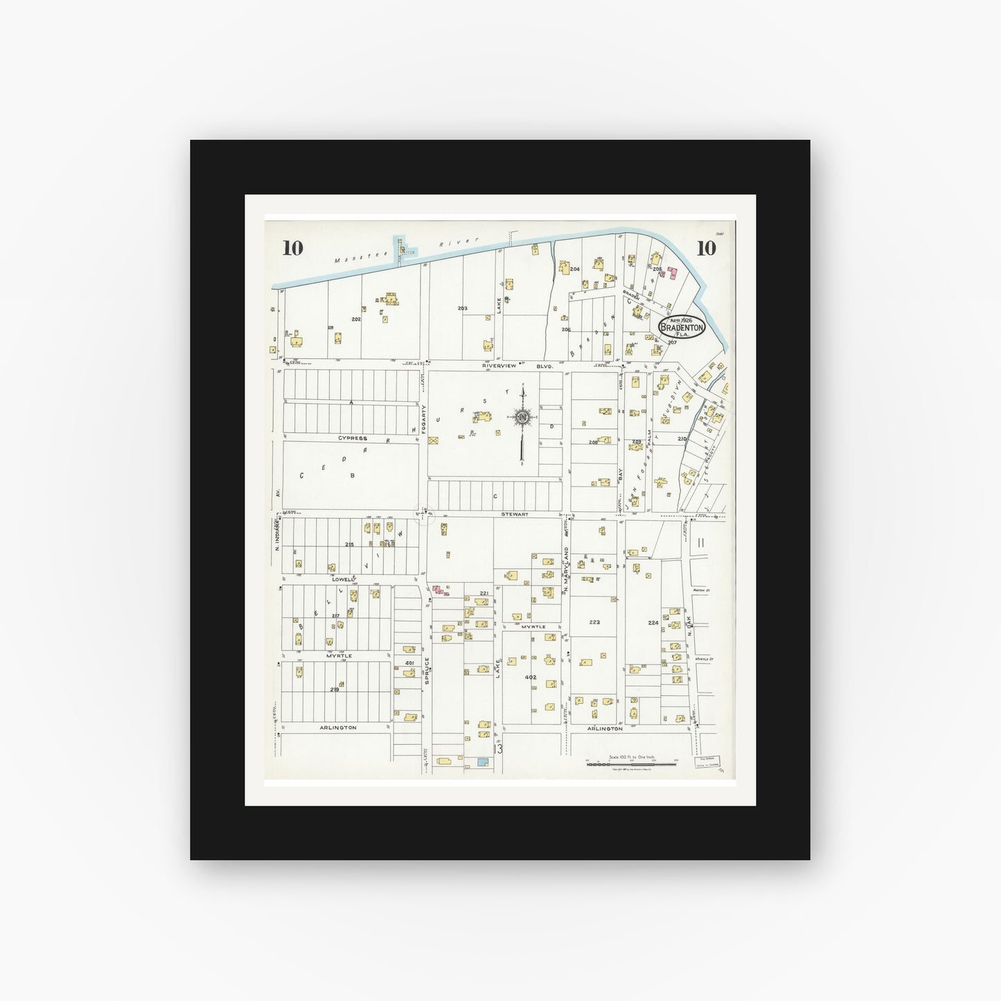 Old map wall art mockup — black gallery frame with white mat — Sanborn Fire Insurance Map from Bradentown, Manatee County, Florida (1926), Sheet #0010