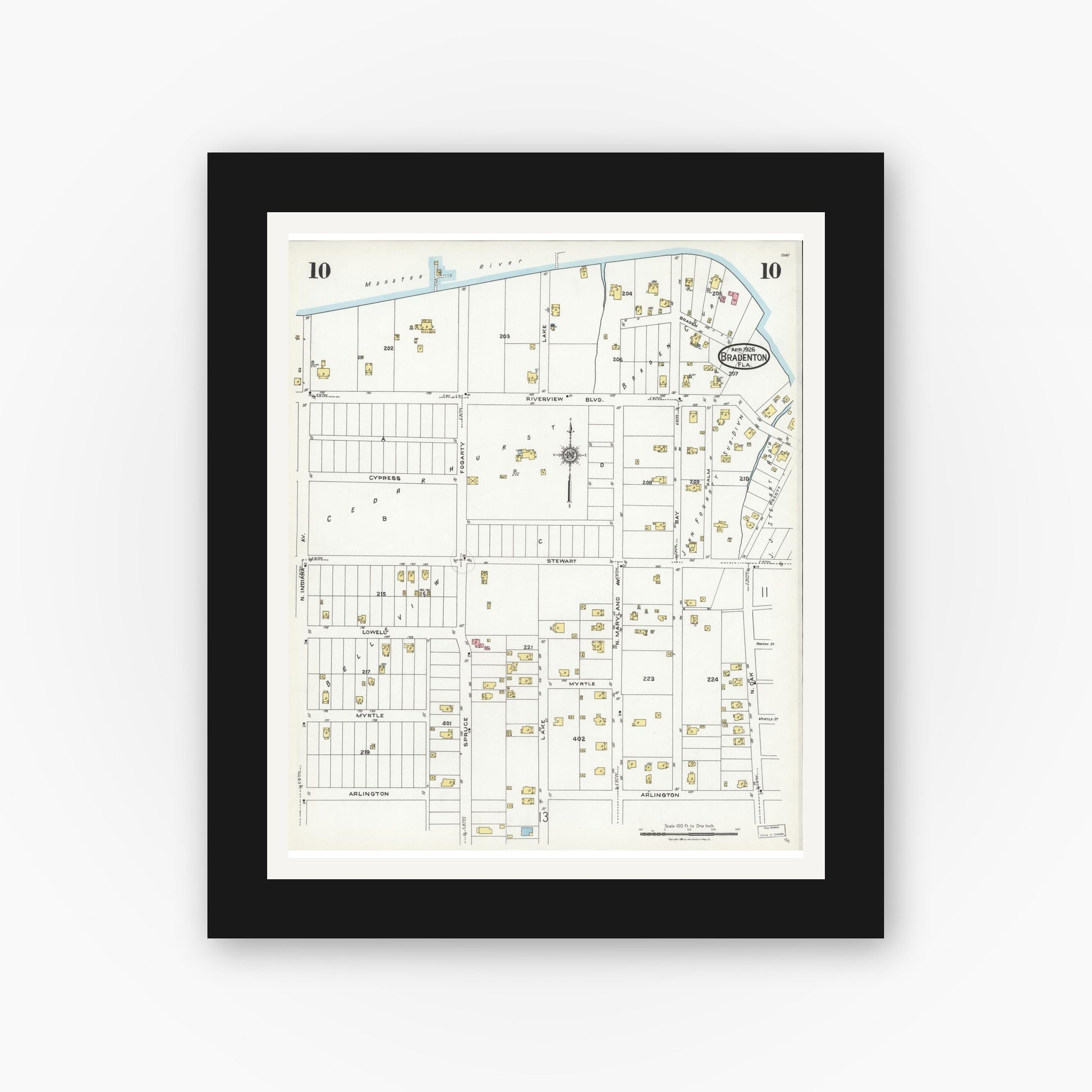 Old map wall art mockup — black gallery frame with white mat — Sanborn Fire Insurance Map from Bradentown, Manatee County, Florida (1926), Sheet #0010