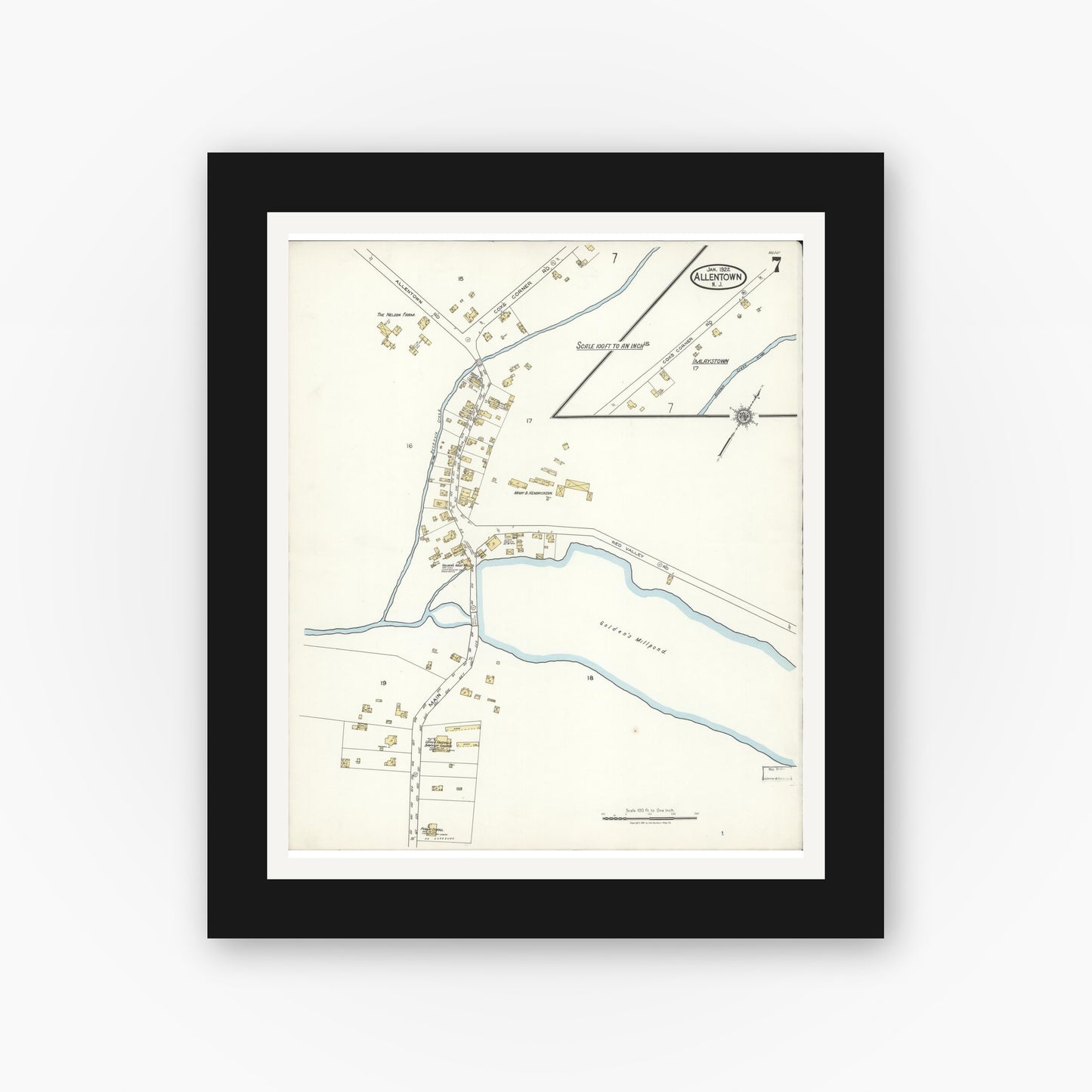 Old map wall art mockup — black gallery frame with white mat — Sanborn Fire Insurance Map from Allentown, Monmouth County, New Jersey (1922), Sheet #0007