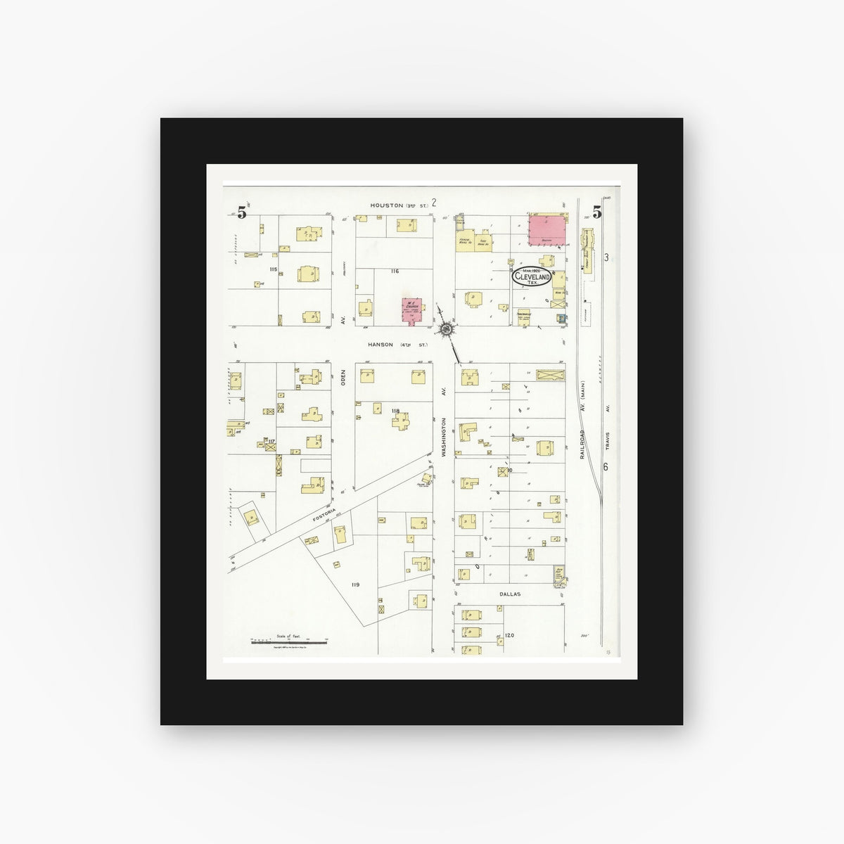Old map wall art mockup — black gallery frame with white mat — Sanborn Fire Insurance Map from Cleveland, Liberty County, Texas (1926), Sheet #0005