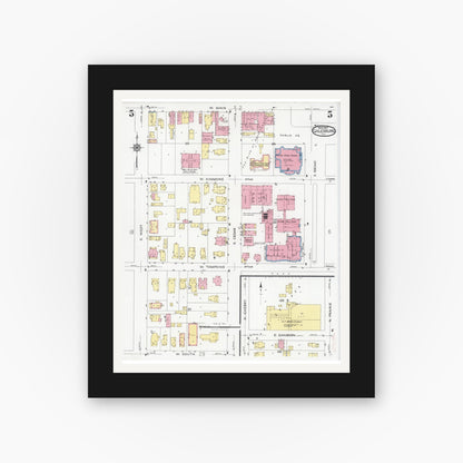 Old map wall art mockup — black gallery frame with white mat — Sanborn Fire Insurance Map from Galesburg, Knox County, Illinois (1927), Sheet #0005