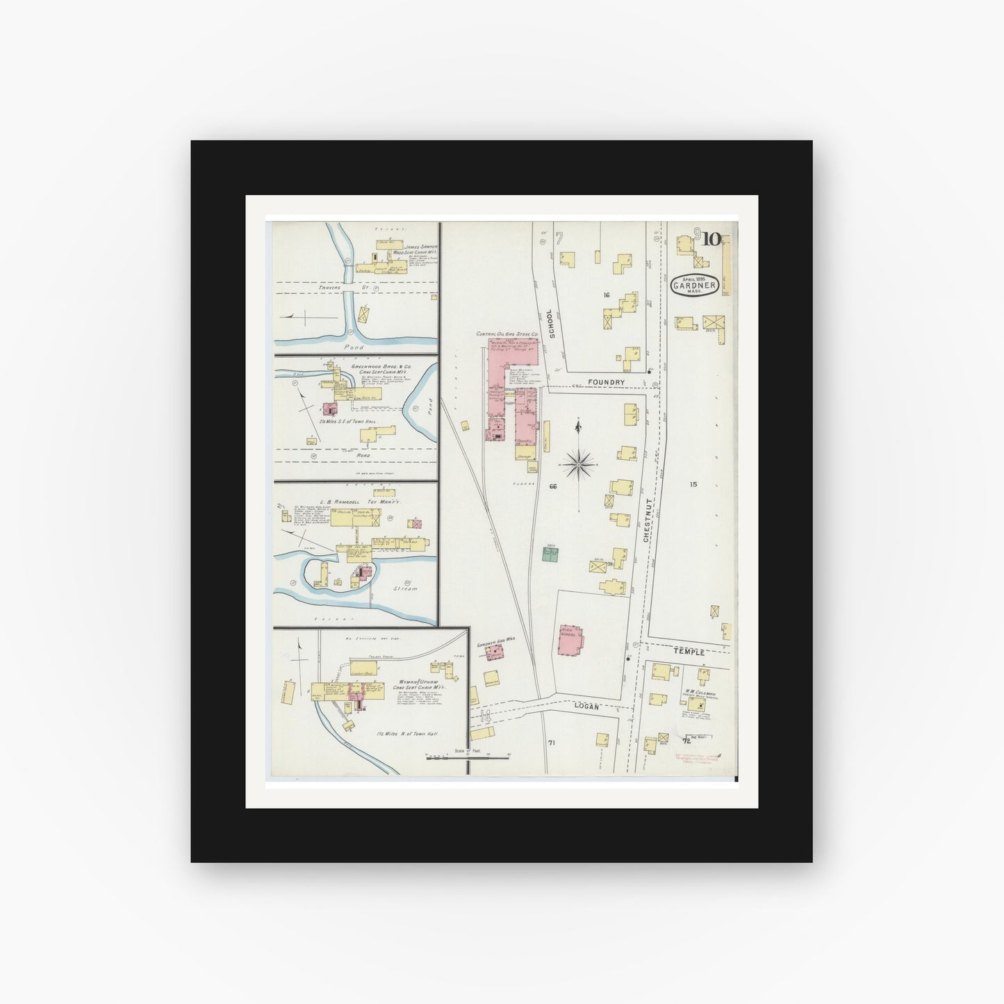Old map wall art mockup — black gallery frame with white mat — Sanborn Fire Insurance Map from Gardner, Worcester County, Massachusetts (1895), Sheet #0010