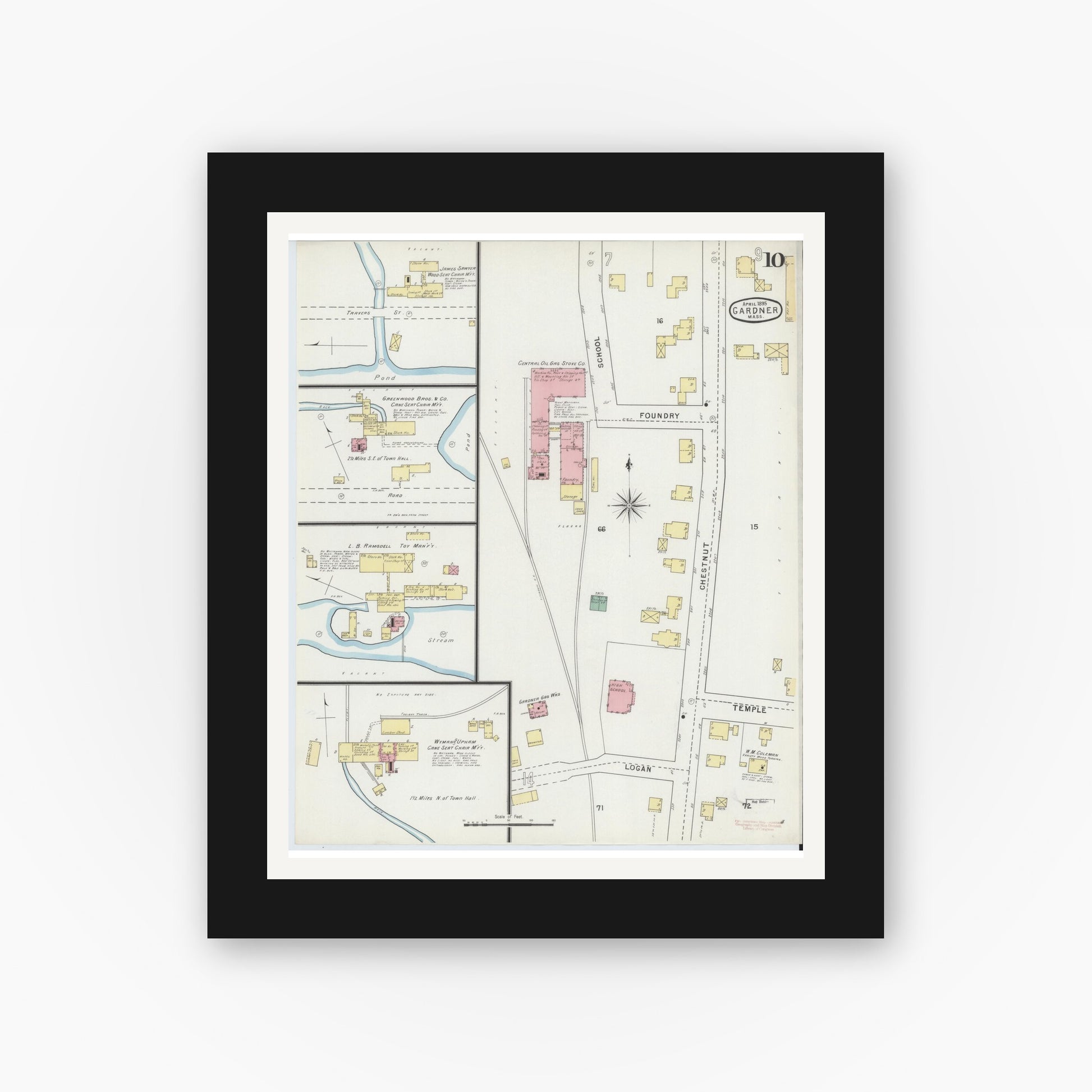 Old map wall art mockup — black gallery frame with white mat — Sanborn Fire Insurance Map from Gardner, Worcester County, Massachusetts (1895), Sheet #0010