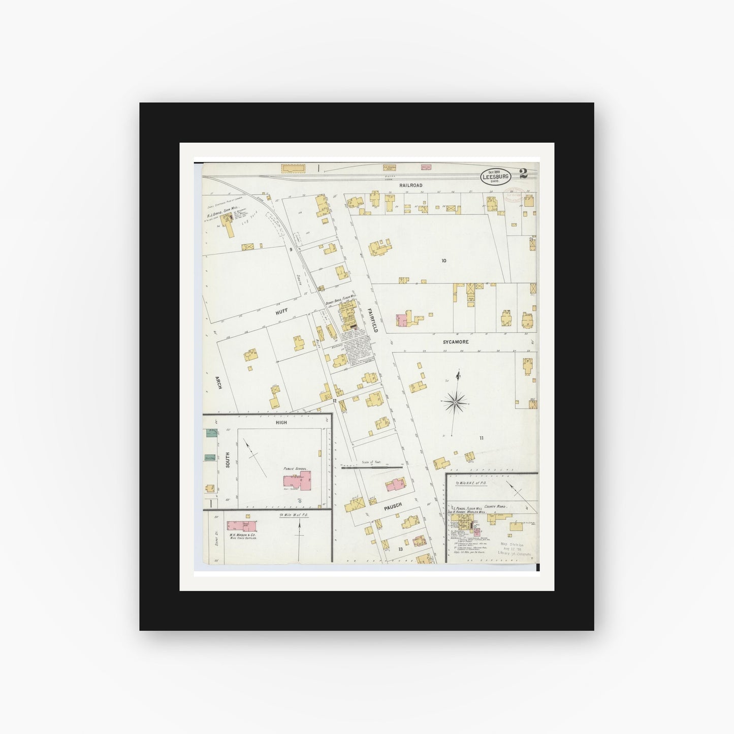 Old map wall art mockup — black gallery frame with white mat — Sanborn Fire Insurance Map from Leesburg, Highland County, Ohio (1899), Sheet #0002