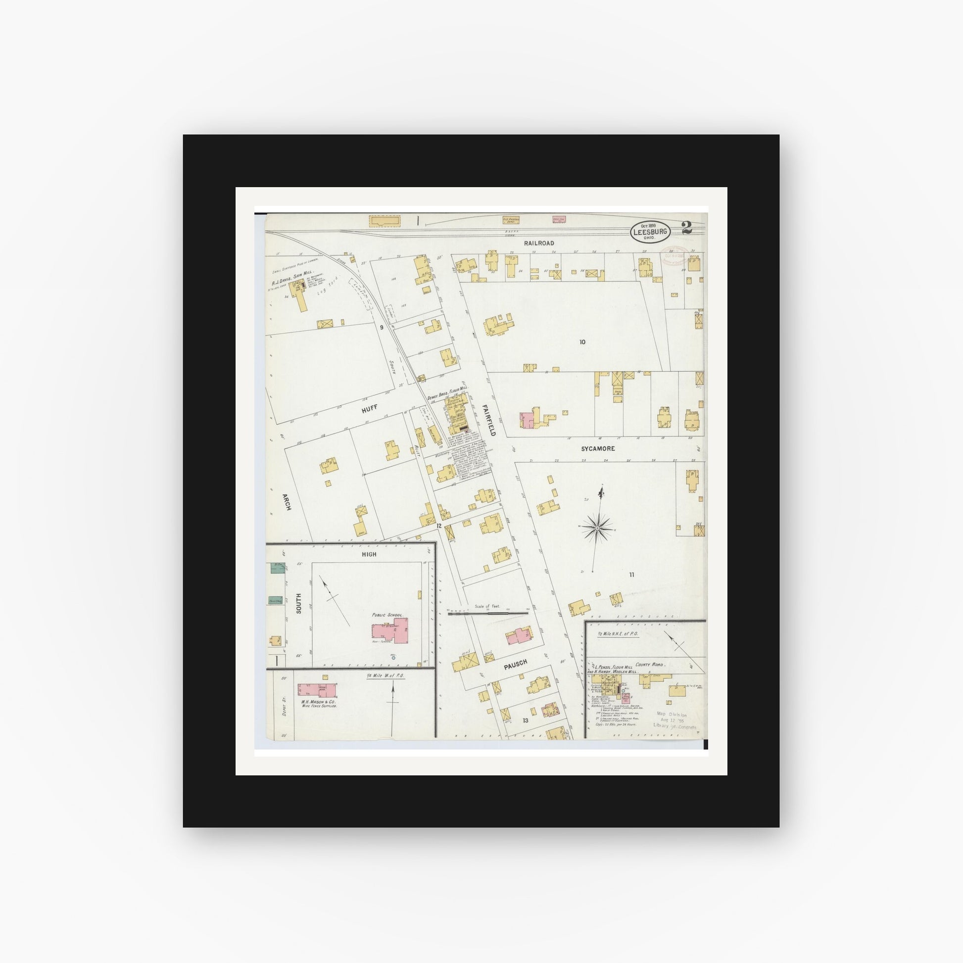 Old map wall art mockup — black gallery frame with white mat — Sanborn Fire Insurance Map from Leesburg, Highland County, Ohio (1899), Sheet #0002
