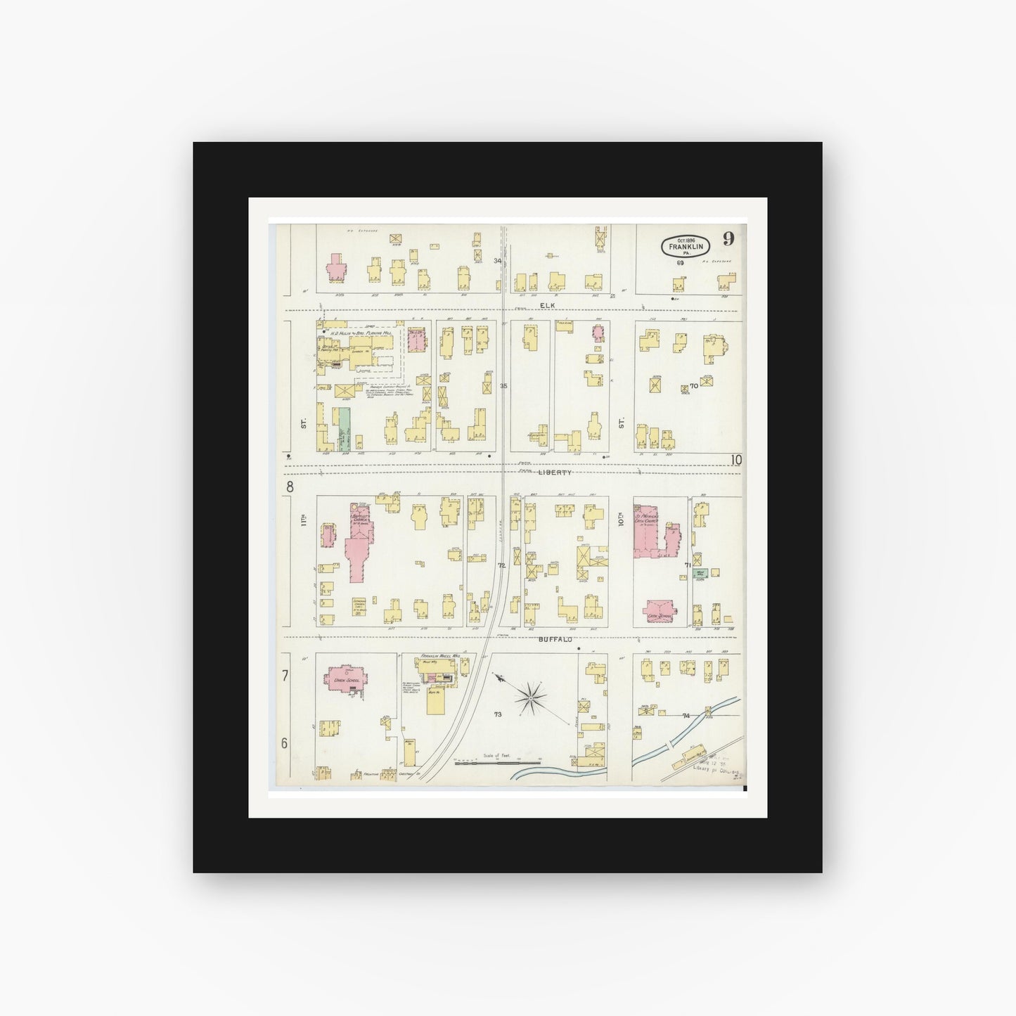 Old map wall art mockup — black gallery frame with white mat — Sanborn Fire Insurance Map from Franklin, Venango County, Pennsylvania (1896), Sheet #0009