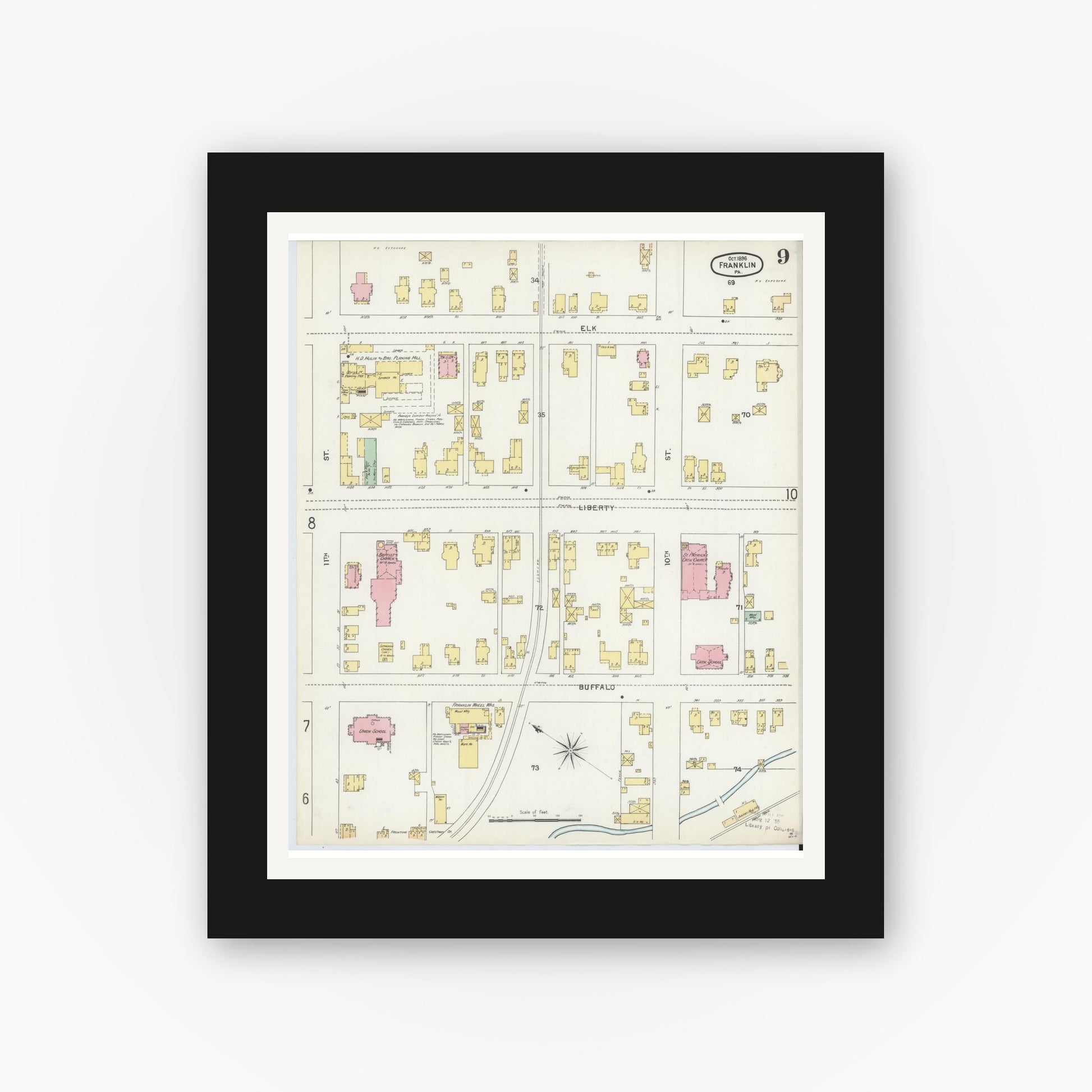 Old map wall art mockup — black gallery frame with white mat — Sanborn Fire Insurance Map from Franklin, Venango County, Pennsylvania (1896), Sheet #0009
