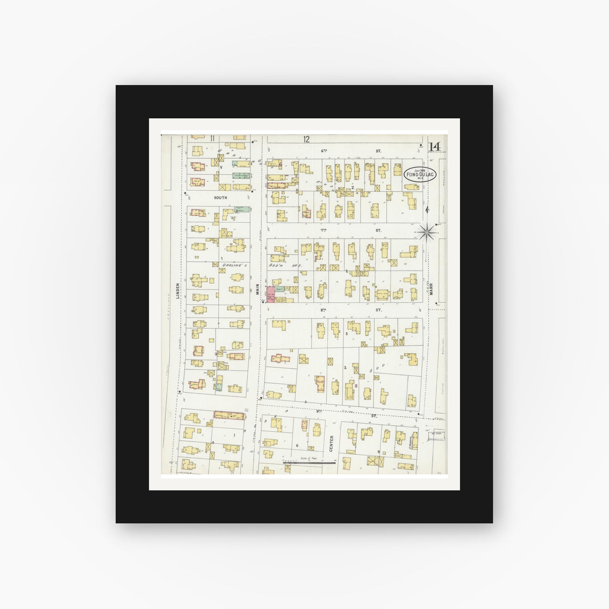 Old map wall art mockup — black gallery frame with white mat — Sanborn Fire Insurance Map from Fond du Lac, Fond du Lac County, Wisconsin (1898), Sheet #0014