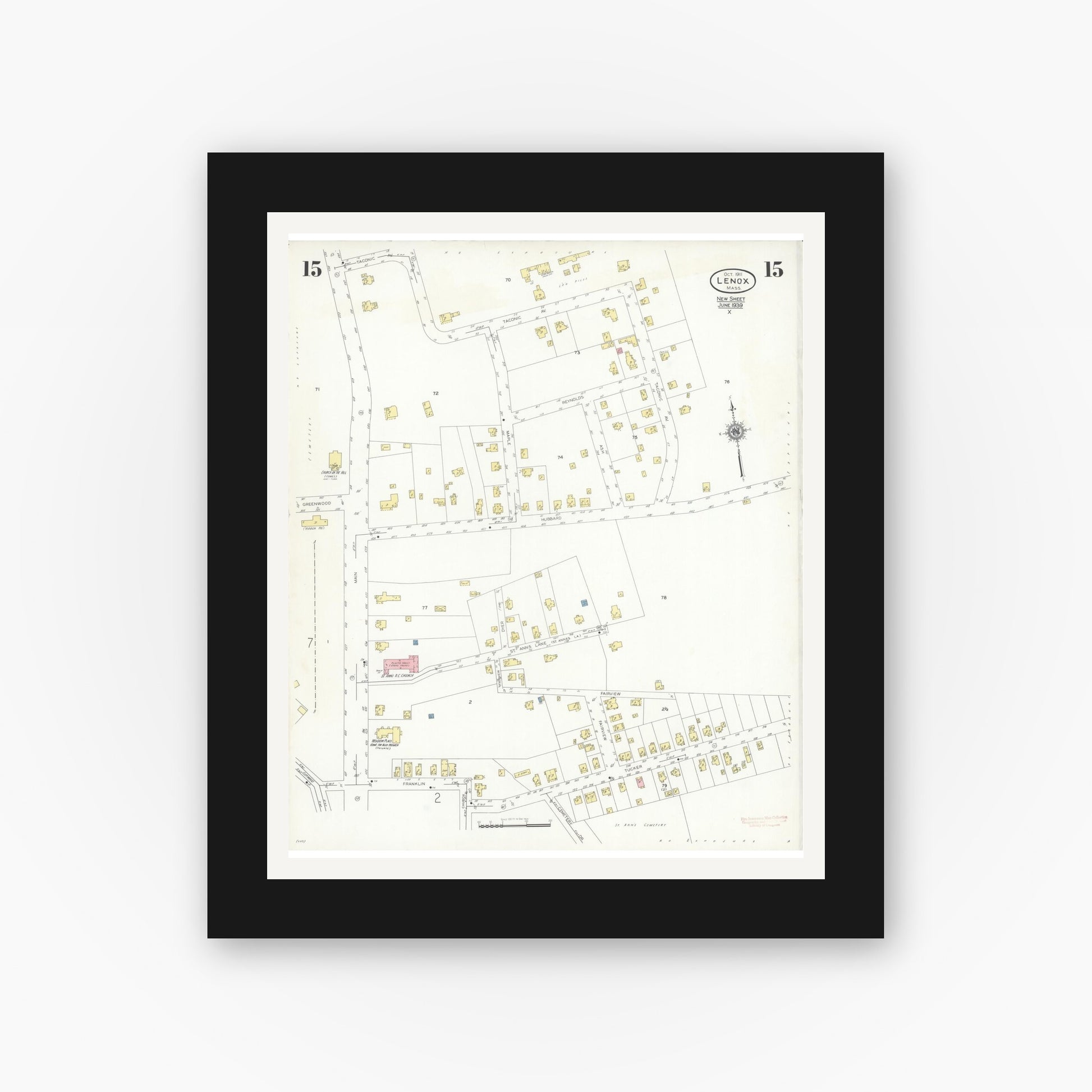 Old map wall art mockup — black gallery frame with white mat — Sanborn Fire Insurance Map from Lenox, Berkshire County, Massachusetts (1939), Sheet #0015