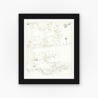 Old map wall art mockup — black gallery frame with white mat — Sanborn Fire Insurance Map from Lenox, Berkshire County, Massachusetts (1939), Sheet #0015