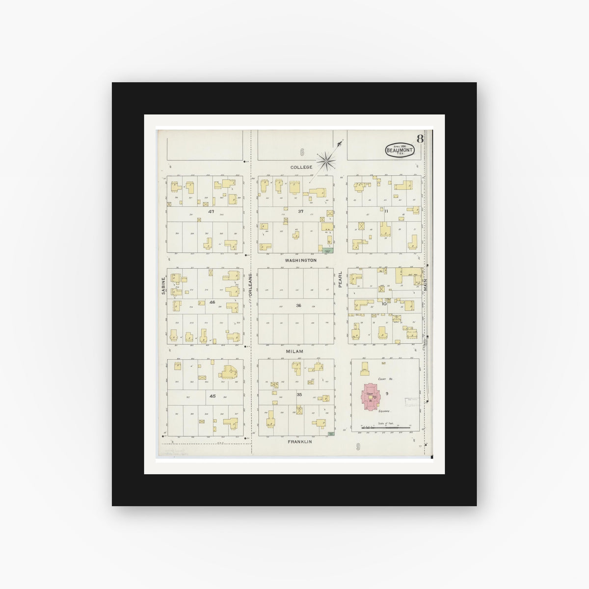 Old map wall art mockup — black gallery frame with white mat — Sanborn Fire Insurance Map from Beaumont, Jefferson County, Texas (1894), Sheet #0008
