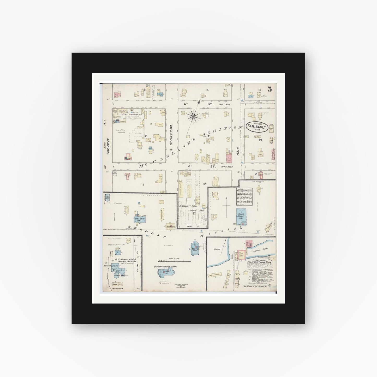 Old map wall art mockup — black gallery frame with white mat — Sanborn Fire Insurance Map from Faribault, Rice County, Minnesota (1884), Sheet #0005