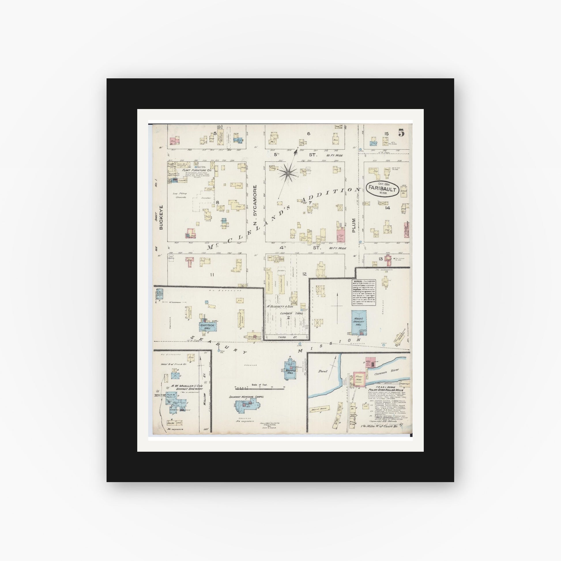 Old map wall art mockup — black gallery frame with white mat — Sanborn Fire Insurance Map from Faribault, Rice County, Minnesota (1884), Sheet #0005