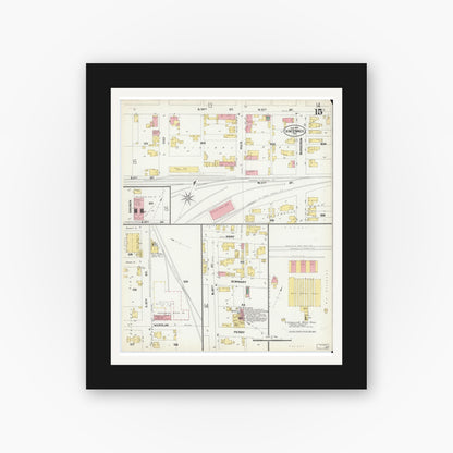 Old map wall art mockup — black gallery frame with white mat — Sanborn Fire Insurance Map from Vincennes, Knox County, Indiana (1902), Sheet #0015