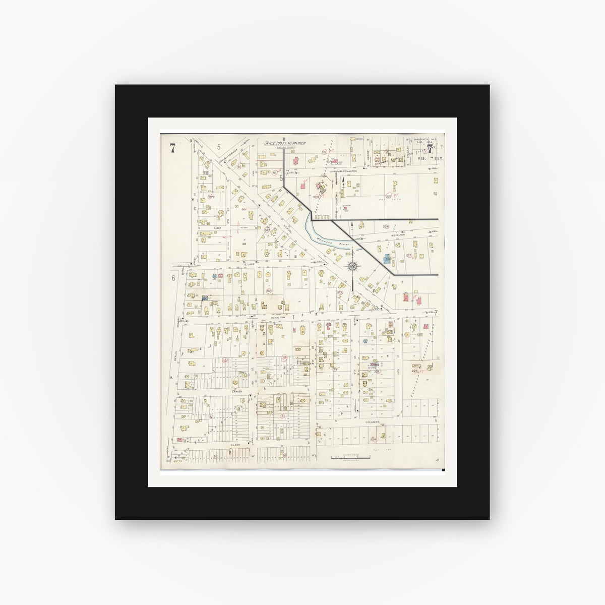 Old map wall art mockup — black gallery frame with white mat — Sanborn Fire Insurance Map from Waupaca, Waupaca County, Wisconsin (1941), Sheet #0007