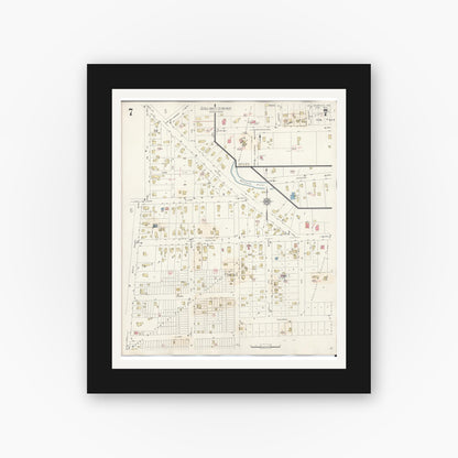 Old map wall art mockup — black gallery frame with white mat — Sanborn Fire Insurance Map from Waupaca, Waupaca County, Wisconsin (1941), Sheet #0007