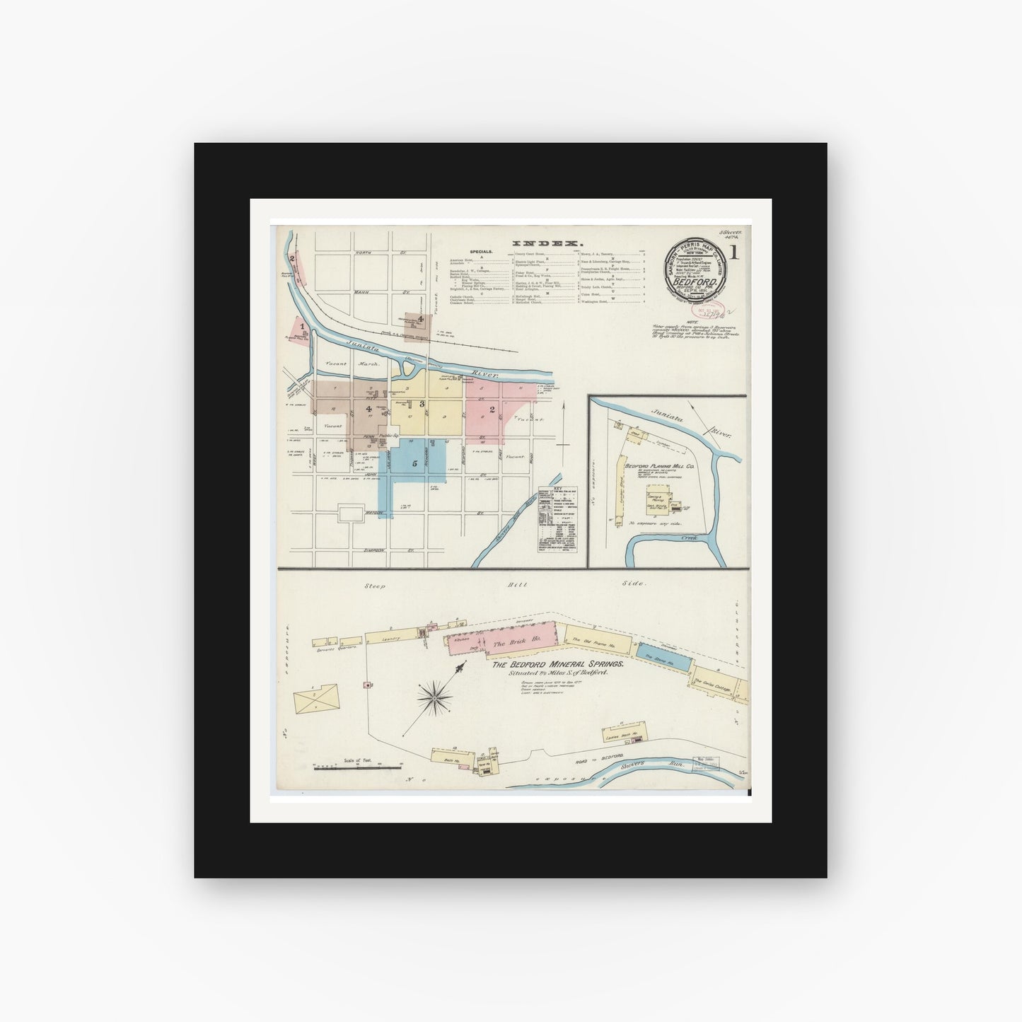 Old map wall art mockup — black gallery frame with white mat — Sanborn Fire Insurance Map from Bedford, Bedford County, Pennsylvania (1891) - Complete Map Set