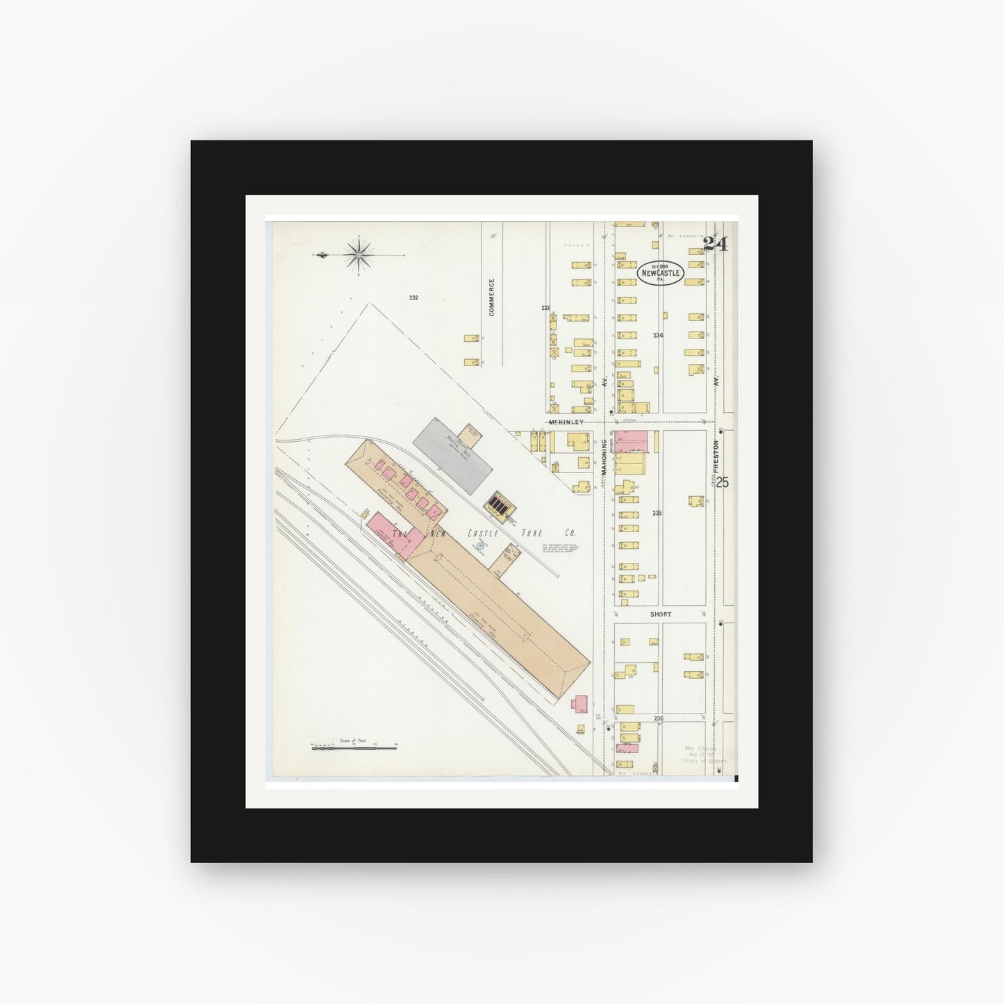 Old map wall art mockup — black gallery frame with white mat — Sanborn Fire Insurance Map from New Castle, Lawrence County, Pennsylvania (1899), Sheet #0024