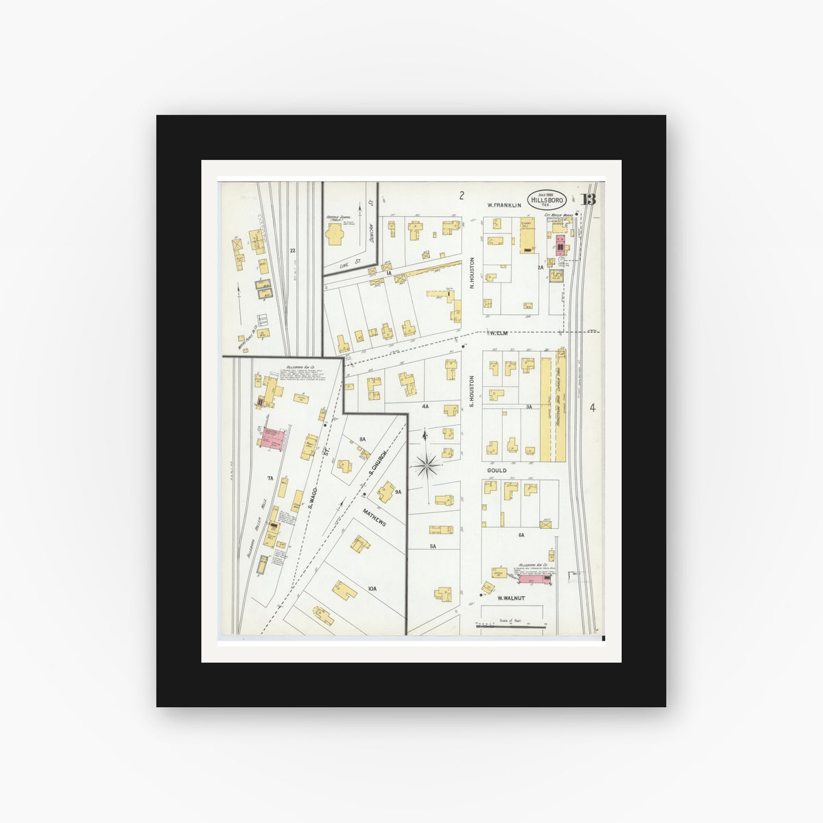 Old map wall art mockup — black gallery frame with white mat — Sanborn Fire Insurance Map from Hillsboro, Hill County, Texas (1900), Sheet #0013