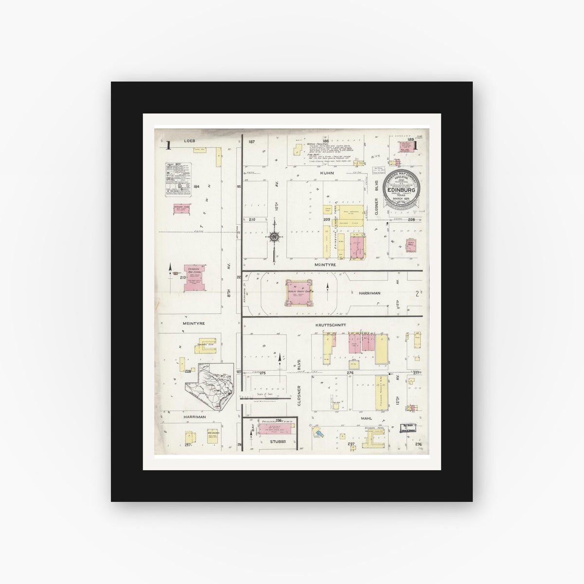 Old map wall art mockup — black gallery frame with white mat — Sanborn Fire Insurance Map from Edinburg, Hidalgo County, Texas (1925), Sheet #0001