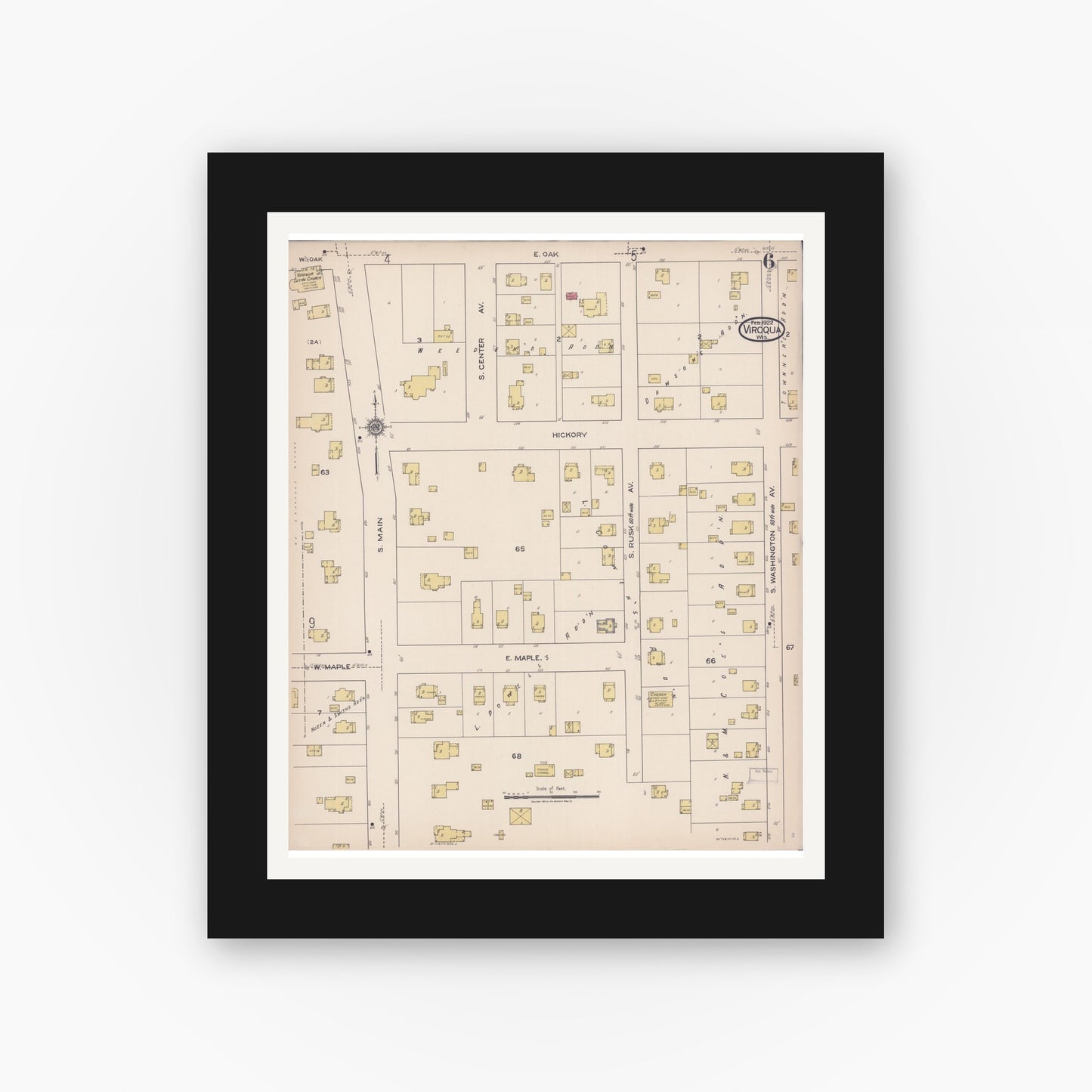 Old map wall art mockup — black gallery frame with white mat — Sanborn Fire Insurance Map from Viroqua, Vernon County, Wisconsin (1922), Sheet #0006