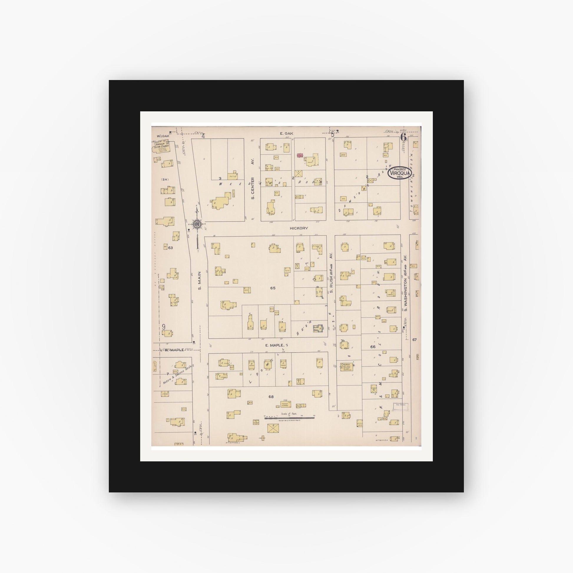 Old map wall art mockup — black gallery frame with white mat — Sanborn Fire Insurance Map from Viroqua, Vernon County, Wisconsin (1922), Sheet #0006