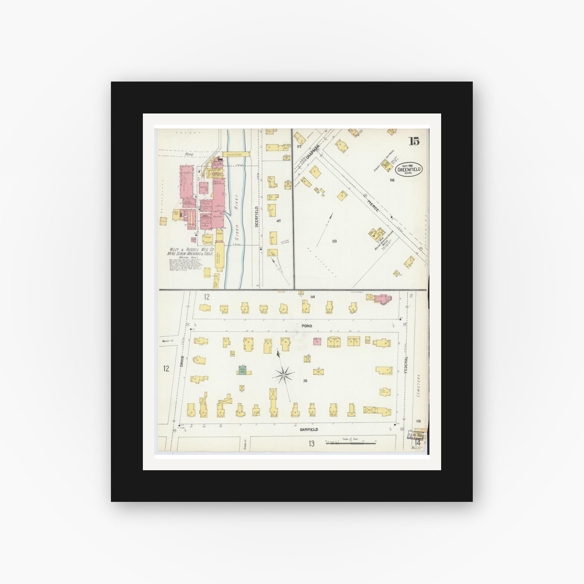 Old map wall art mockup — black gallery frame with white mat — Sanborn Fire Insurance Map from Greenfield, Franklin County, Massachusetts (1902), Sheet #0014