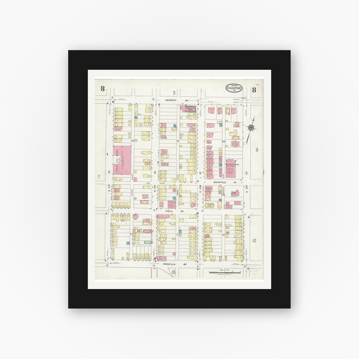 Old map wall art mockup — black gallery frame with white mat — Sanborn Fire Insurance Map from Duquesne, Allegheny County, Pennsylvania (1925), Sheet #0008