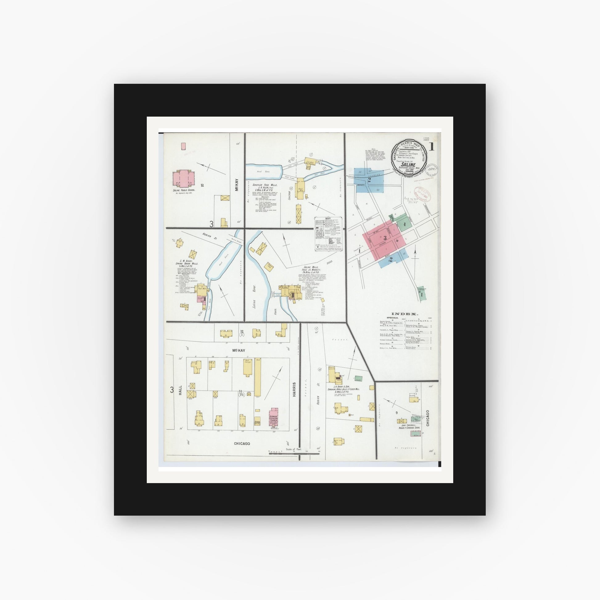 Old map wall art mockup — black gallery frame with white mat — Sanborn Fire Insurance Map from Saline, Washtenaw County, Michigan (1899) - Complete Map Set