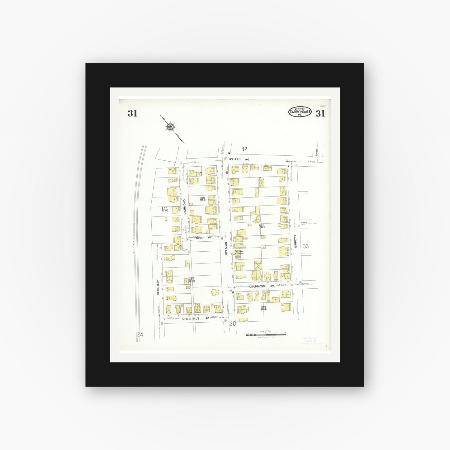 Old map wall art mockup — black gallery frame with white mat — Sanborn Fire Insurance Map from Carbondale, Lackawanna County, Pennsylvania (1923), Sheet #0031