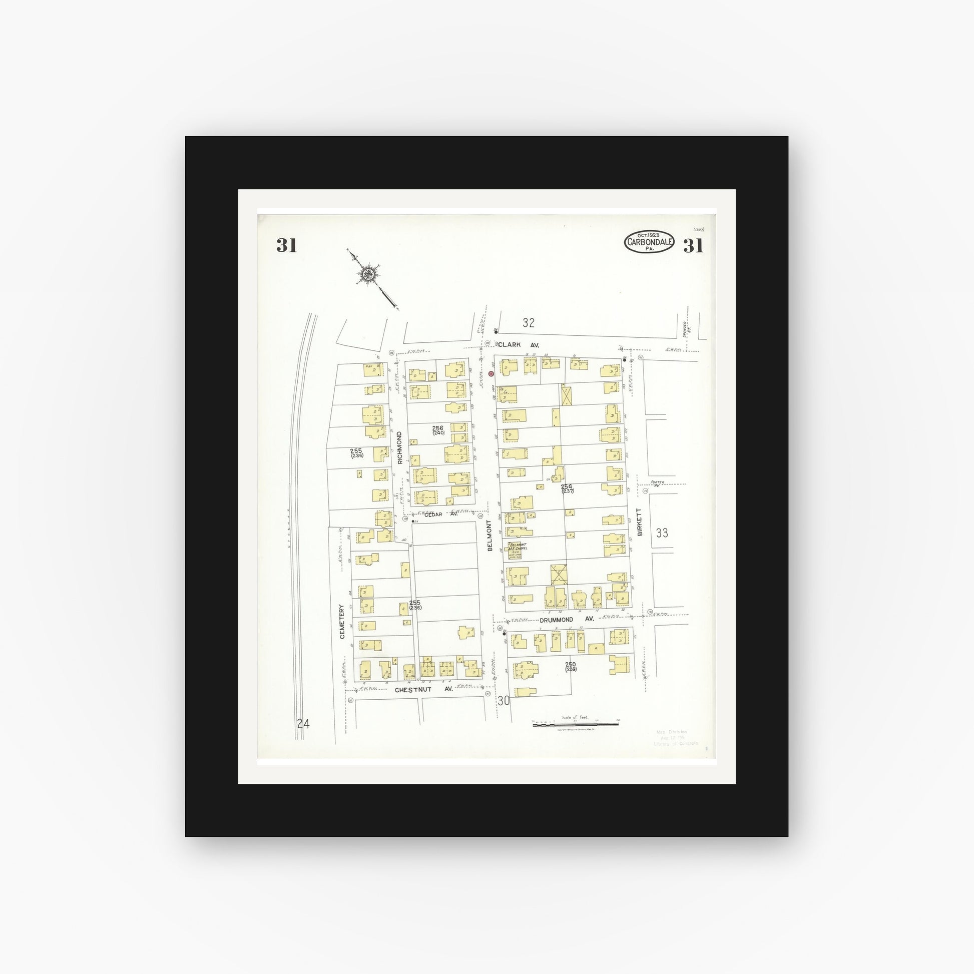 Old map wall art mockup — black gallery frame with white mat — Sanborn Fire Insurance Map from Carbondale, Lackawanna County, Pennsylvania (1923), Sheet #0031