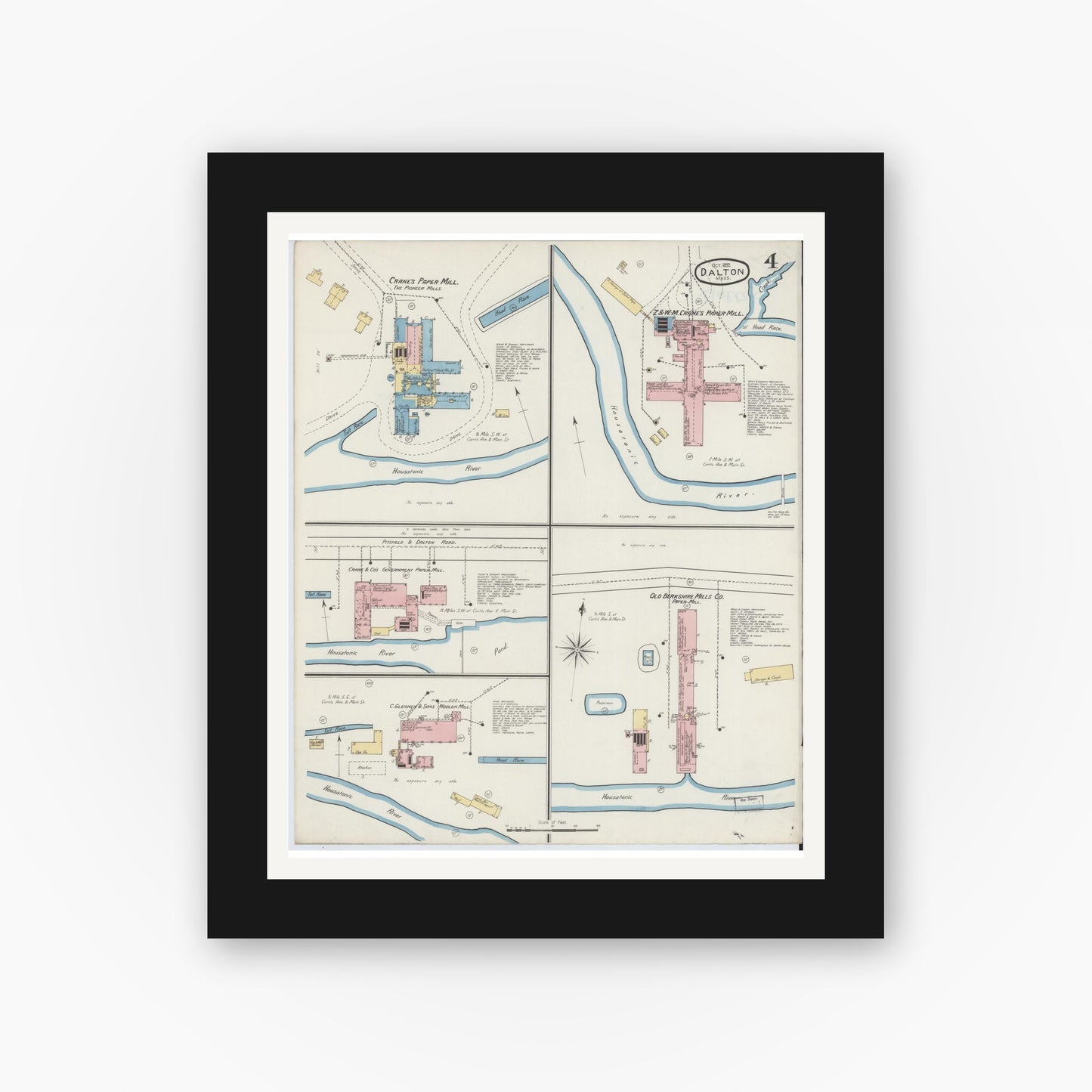 Old map wall art mockup — black gallery frame with white mat — Sanborn Fire Insurance Map from Dalton, Berkshire County, Massachusetts (1892), Sheet #0004