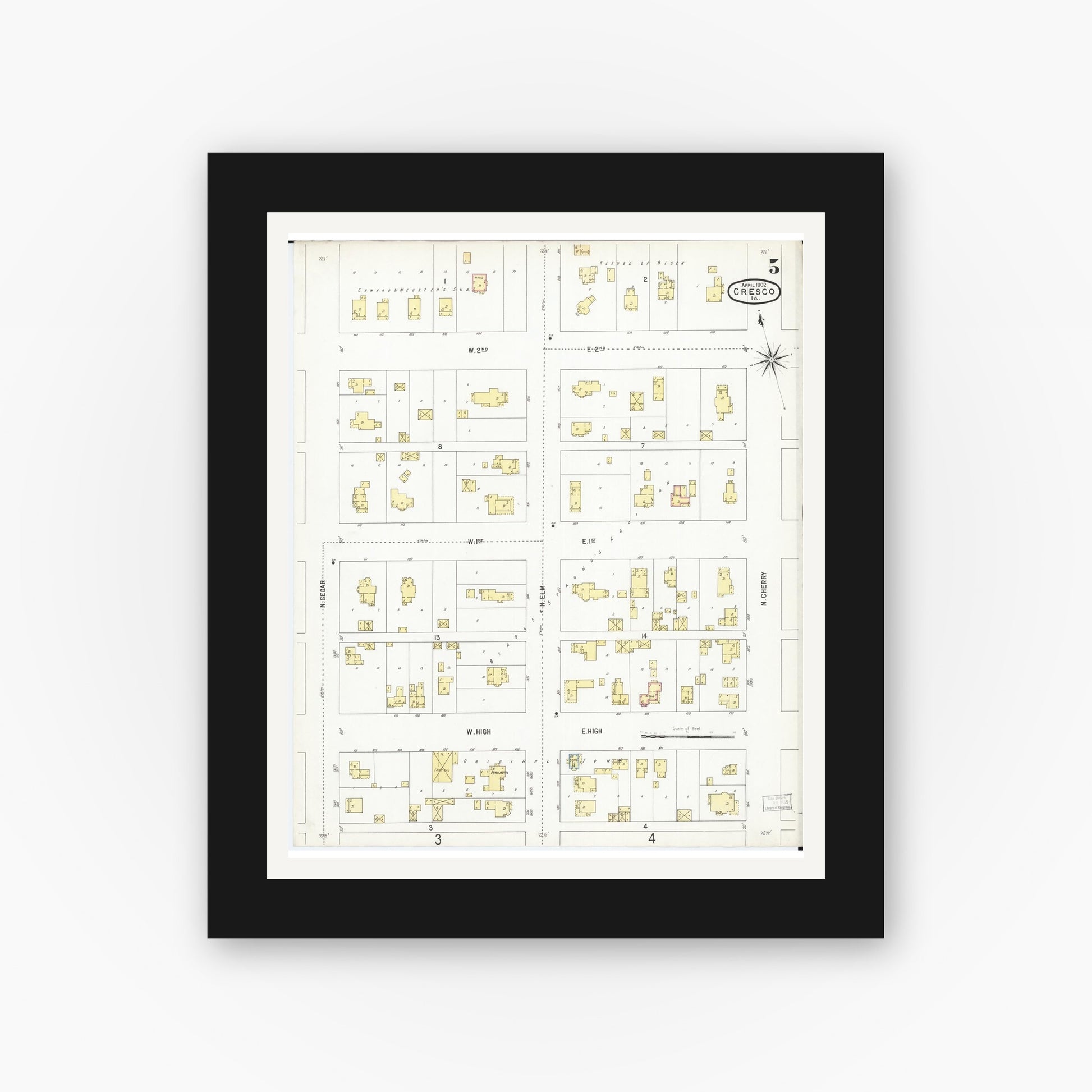 Old map wall art mockup — black gallery frame with white mat — Sanborn Fire Insurance Map from Cresco, Howard County, Iowa (1902), Sheet #0005