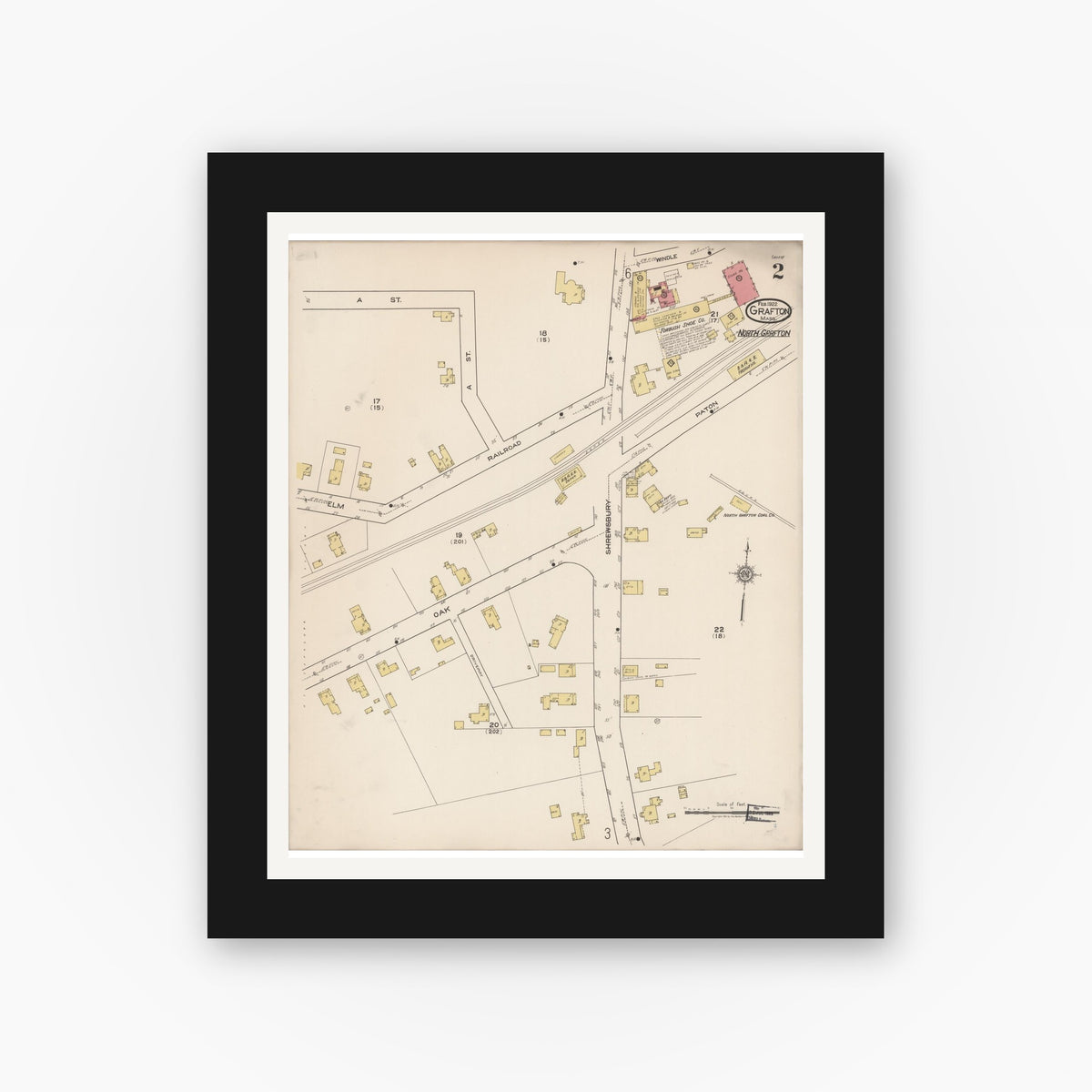Old map wall art mockup — black gallery frame with white mat — Sanborn Fire Insurance Map from Grafton, Worcester County, Massachusetts (1922), Sheet #0002
