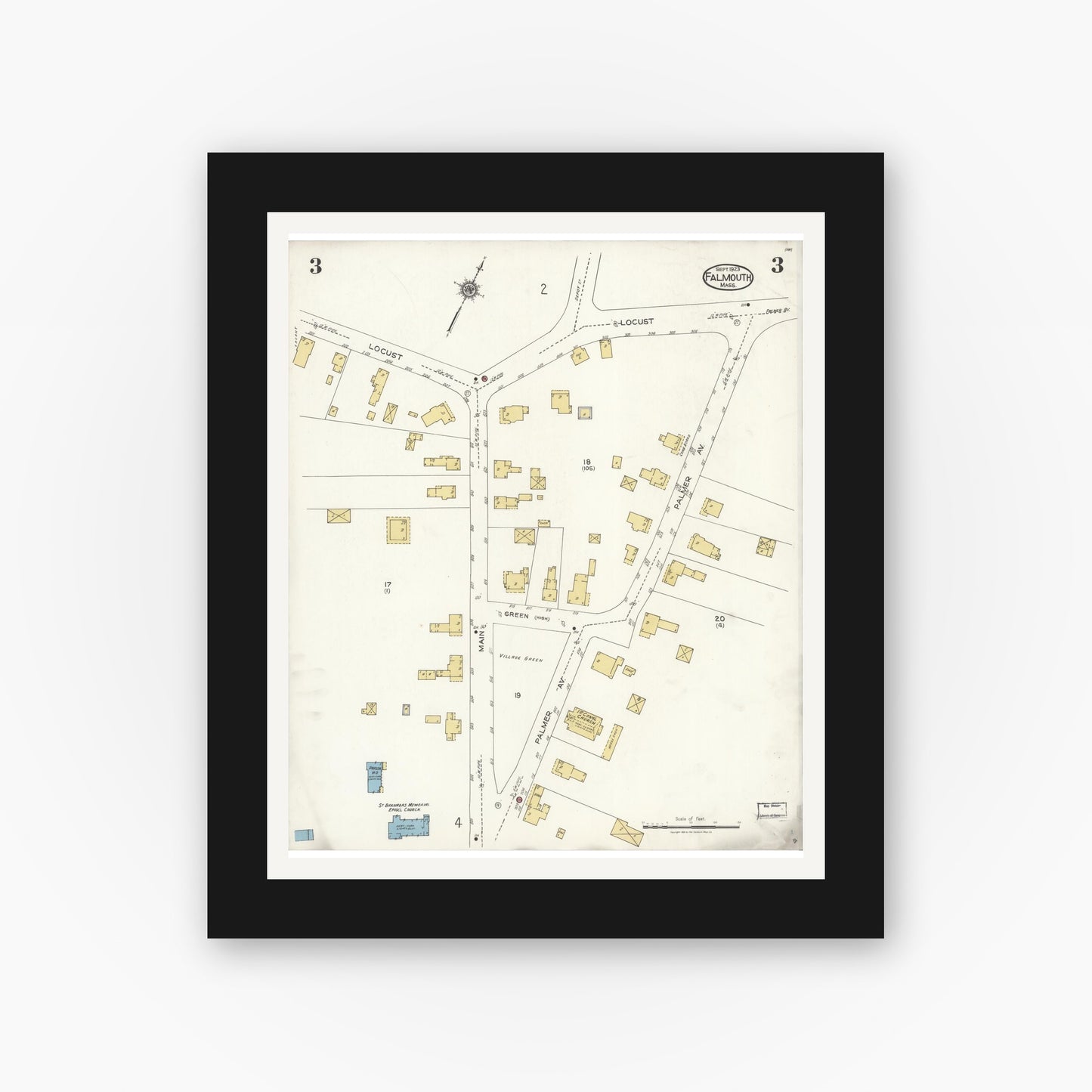 Old map wall art mockup — black gallery frame with white mat — Sanborn Fire Insurance Map from Falmouth, Barnstable County, Massachusetts (1923), Sheet #0003