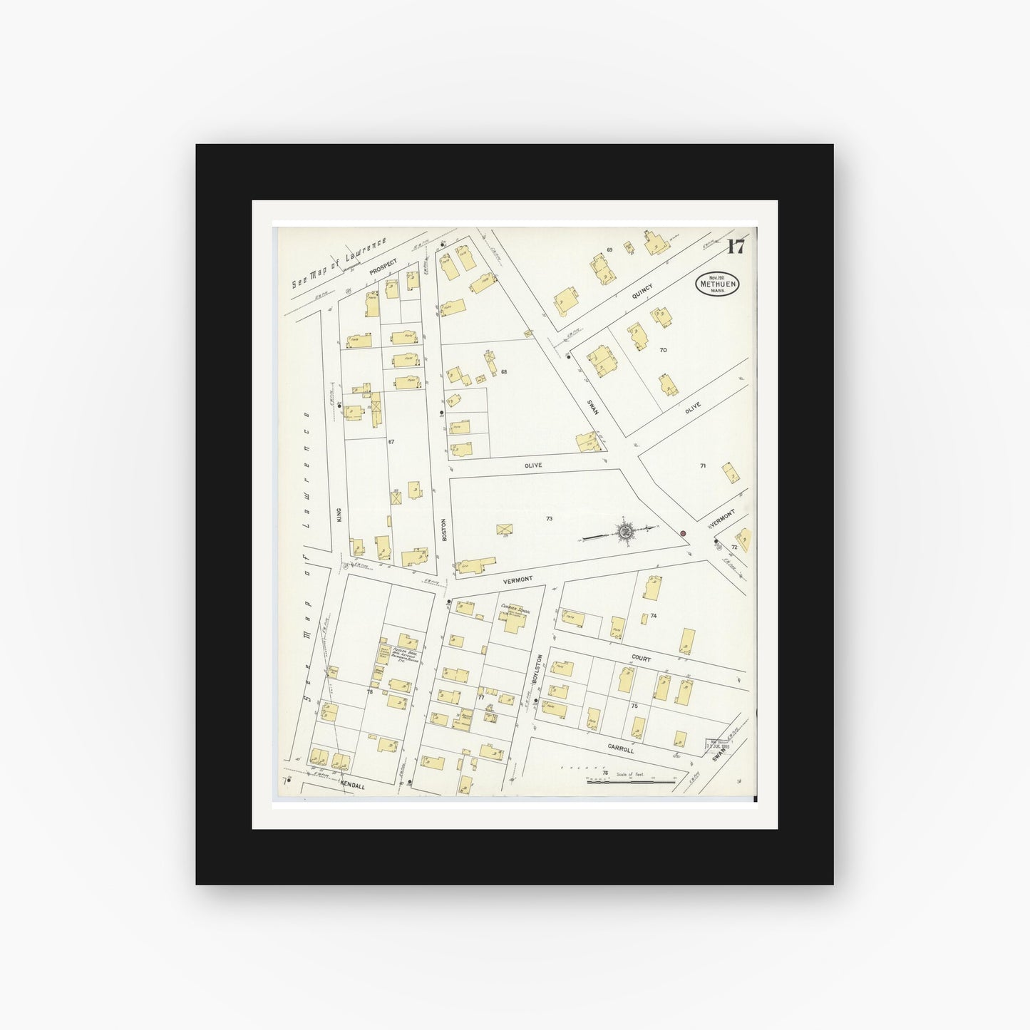 Old map wall art mockup — black gallery frame with white mat — Sanborn Fire Insurance Map from Methuen, Essex County, Massachusetts (1911), Sheet #0017