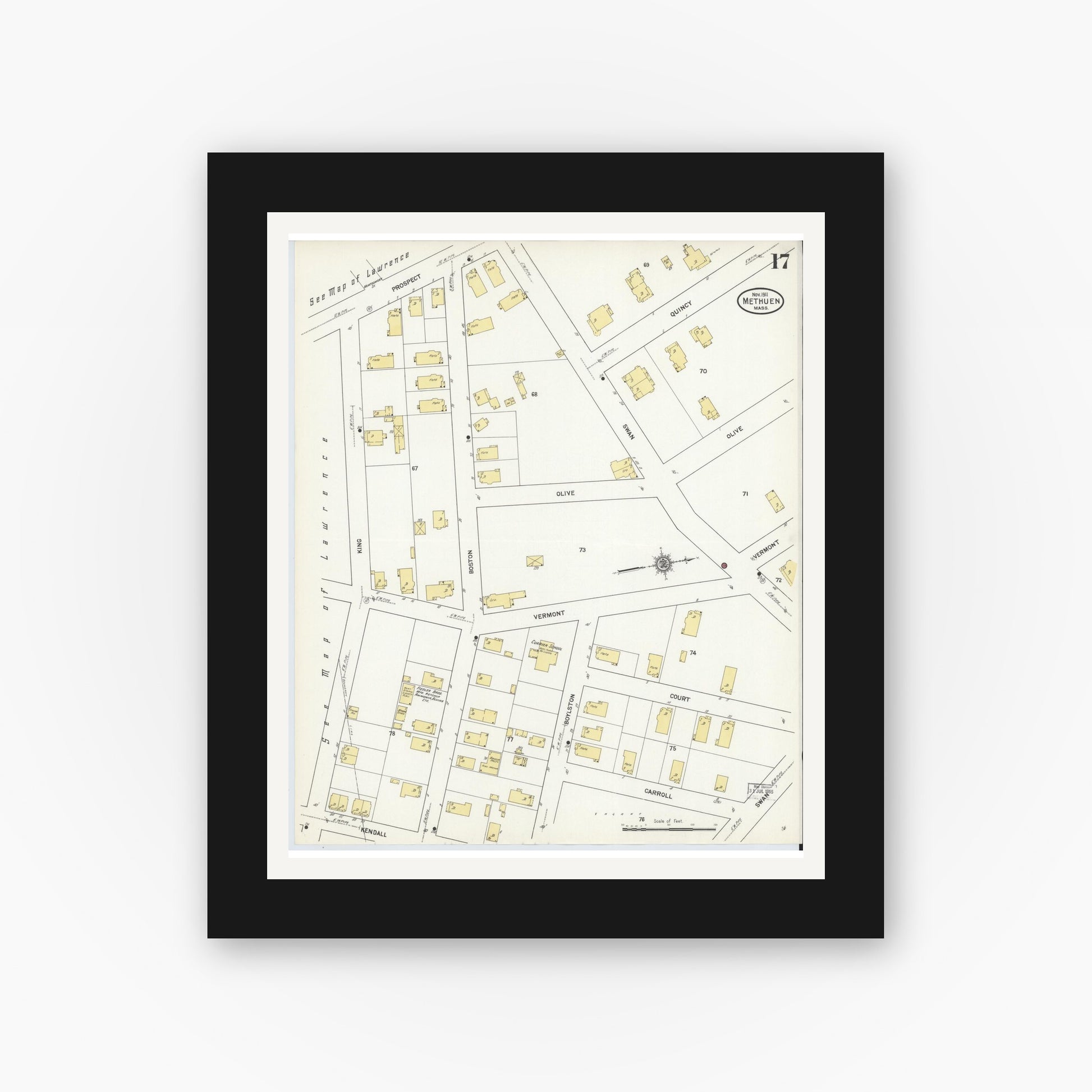 Old map wall art mockup — black gallery frame with white mat — Sanborn Fire Insurance Map from Methuen, Essex County, Massachusetts (1911), Sheet #0017