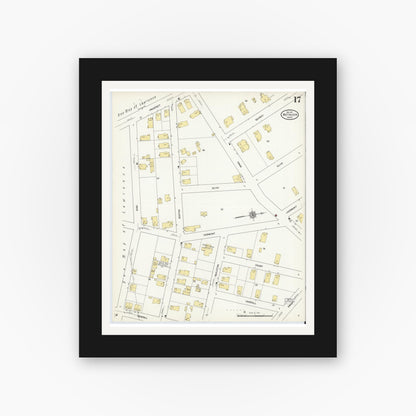 Old map wall art mockup — black gallery frame with white mat — Sanborn Fire Insurance Map from Methuen, Essex County, Massachusetts (1911), Sheet #0017