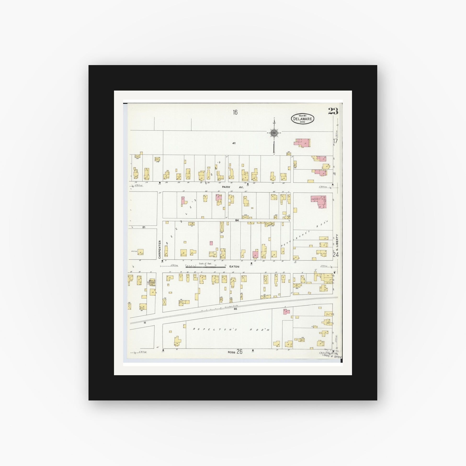 Old map wall art mockup — black gallery frame with white mat — Sanborn Fire Insurance Map from Delaware, Delaware County, Ohio (1911), Sheet #0023