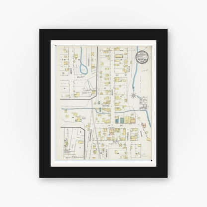 Old map wall art mockup — black gallery frame with white mat — Sanborn Fire Insurance Map from Taylors Falls, Chisago County, Minnesota (1892), Sheet #0001