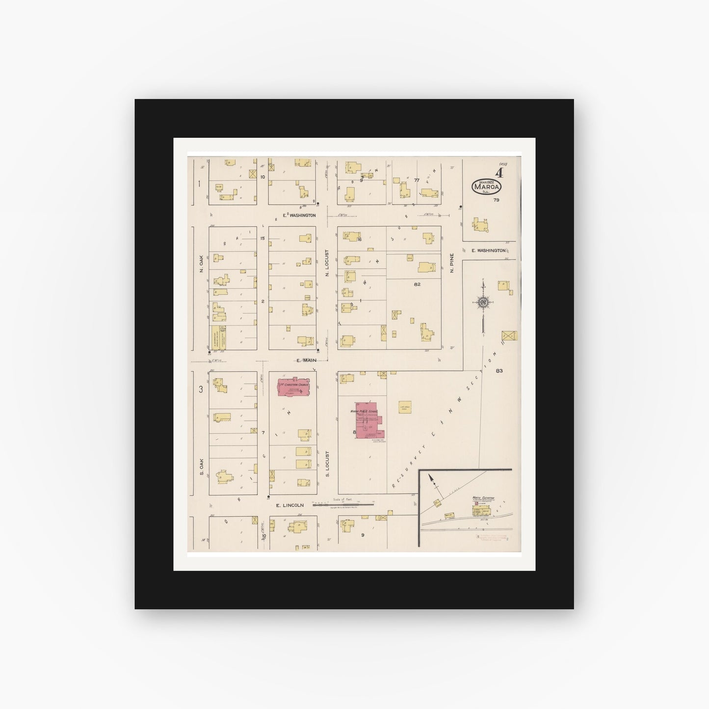 Old map wall art mockup — black gallery frame with white mat — Sanborn Fire Insurance Map from Maroa, Macon County, Illinois (1922), Sheet #0004